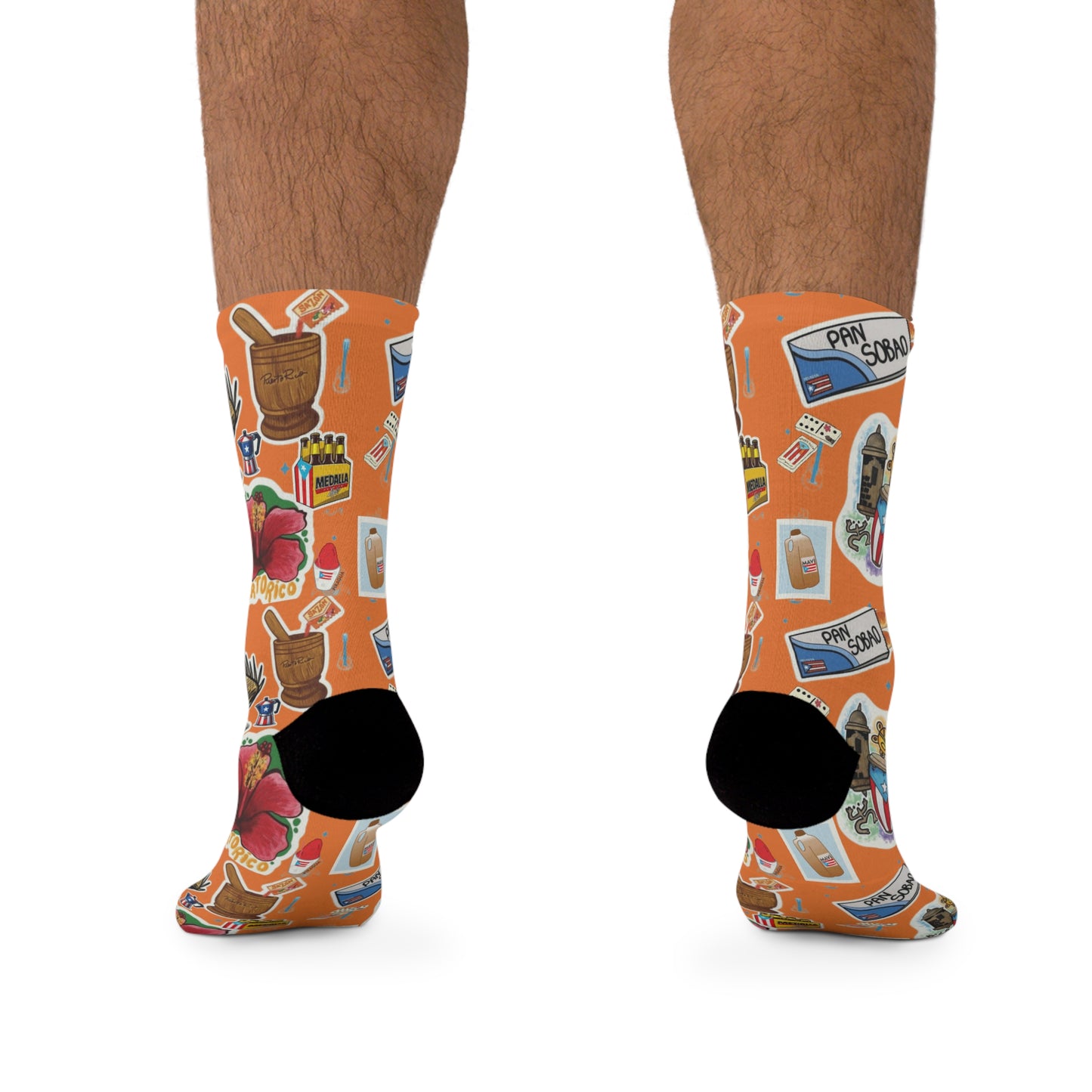 Navidad en Puerto Rico Travel Sticker Crew Socks — Bright Orange Vintage Passport & Hibiscus Pattern
