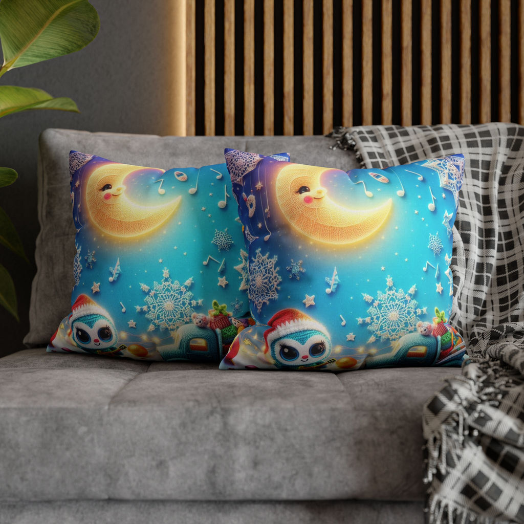 Whimsical Moon & Penguin Holiday Pillowcase  Faux Suede Square Throw Pillow