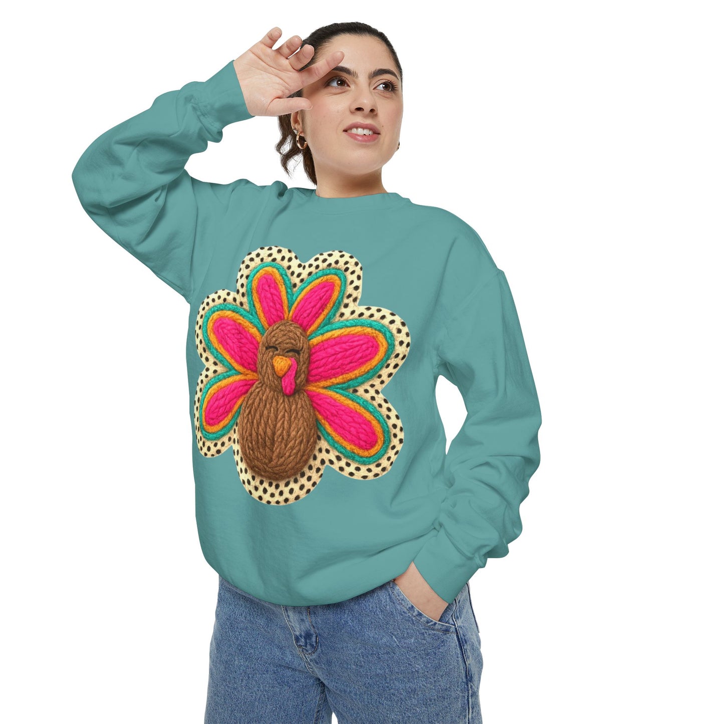 Festive Holiday Designs Turkey Patch Sweatshirt — Colorful Embroidered Thanksgiving Pullover