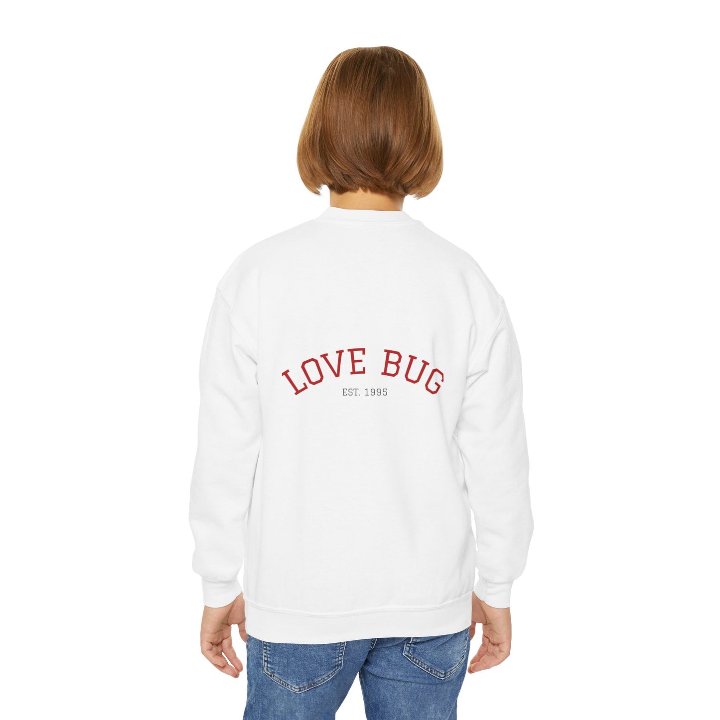 Youth Sweatshirt  Cute Girl with Heart Shower "Love Bug" Crewneck