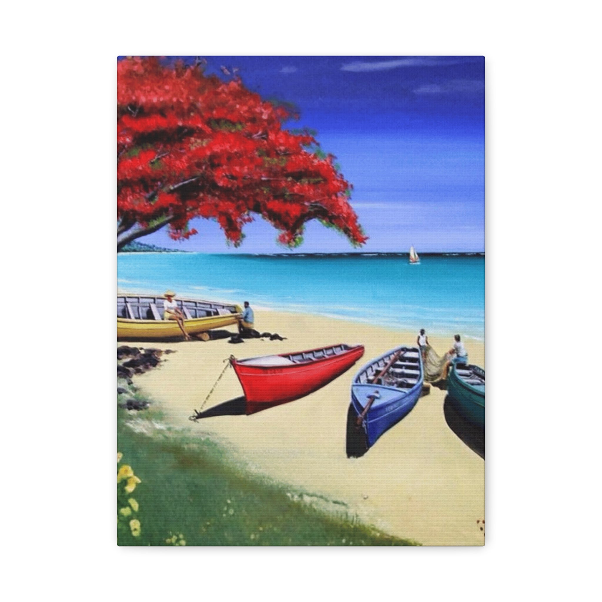 Beach Canoes Canvas Wall Art Tropical Seaside Landscape Matte Stretched Canvas