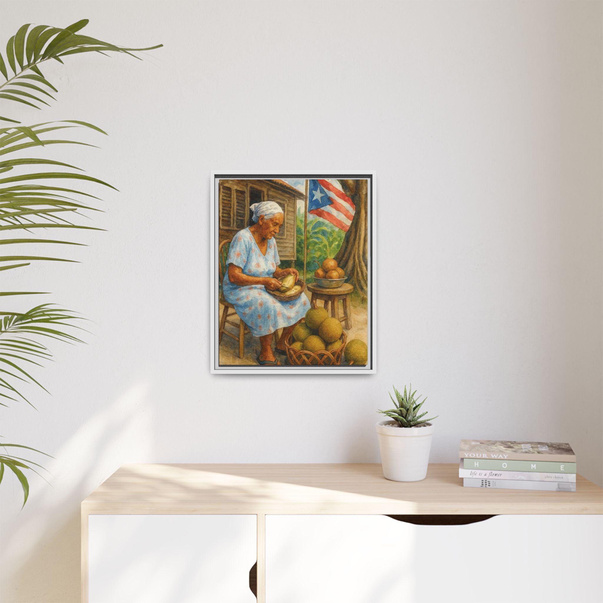 Cultural & Story-Driven These Puerto Rico inspired  Framed Matte Canvas Print  Woman Shelling Fruit Vintage Tropical Painting