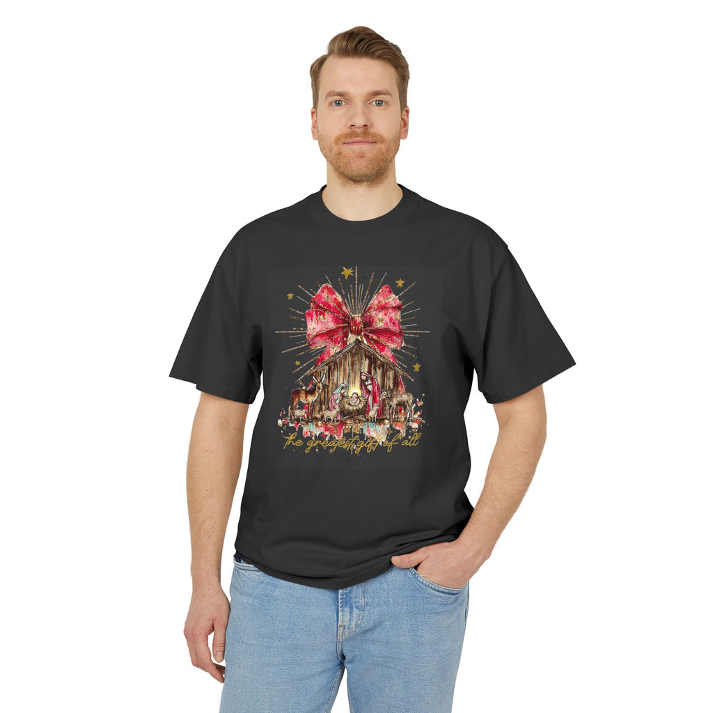 Christmas Nativity Tee  Rustic Manger with Red Bow Holiday T‑Shirt Christmas T-shirts and sweaters