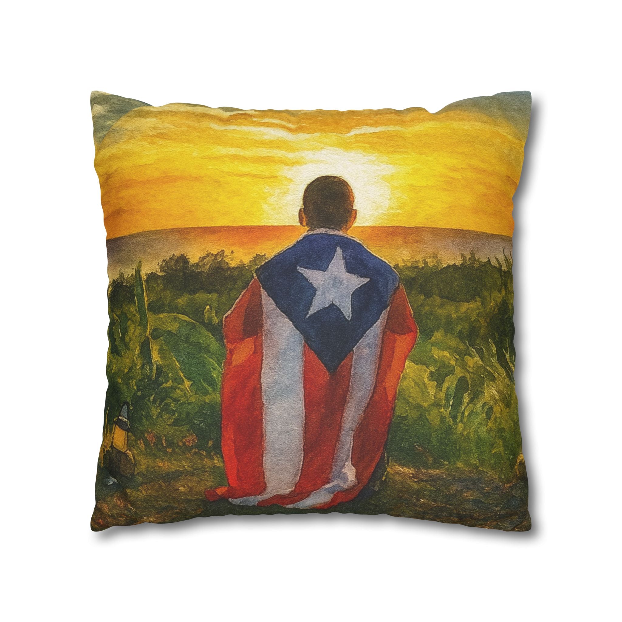 Puerto Rican Flag Sunset Pillowcase  Boy Draped in Puerto Rico Flag Decorative Throw Pillow Puerto Rico Culture Pillow