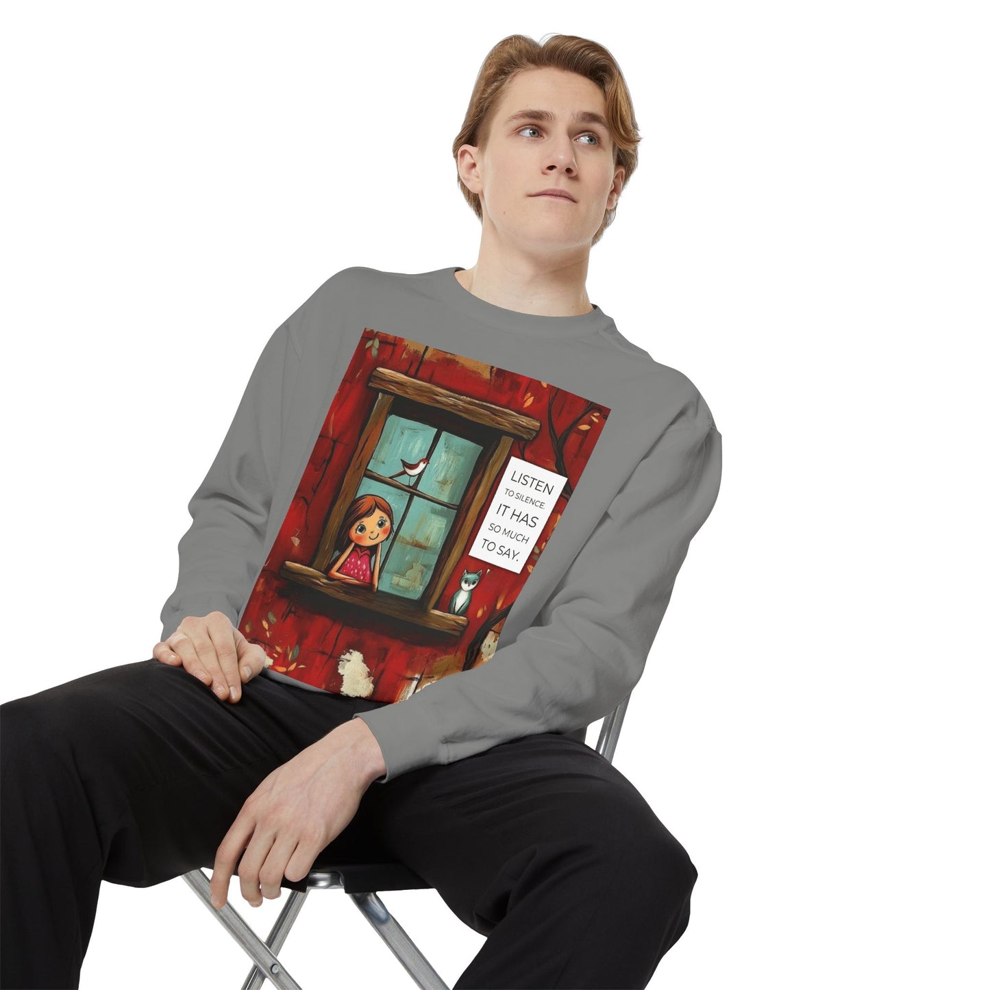 Cozy Window Scene Sweatshirt  "Listen, It Has So Much to Say" Graphic