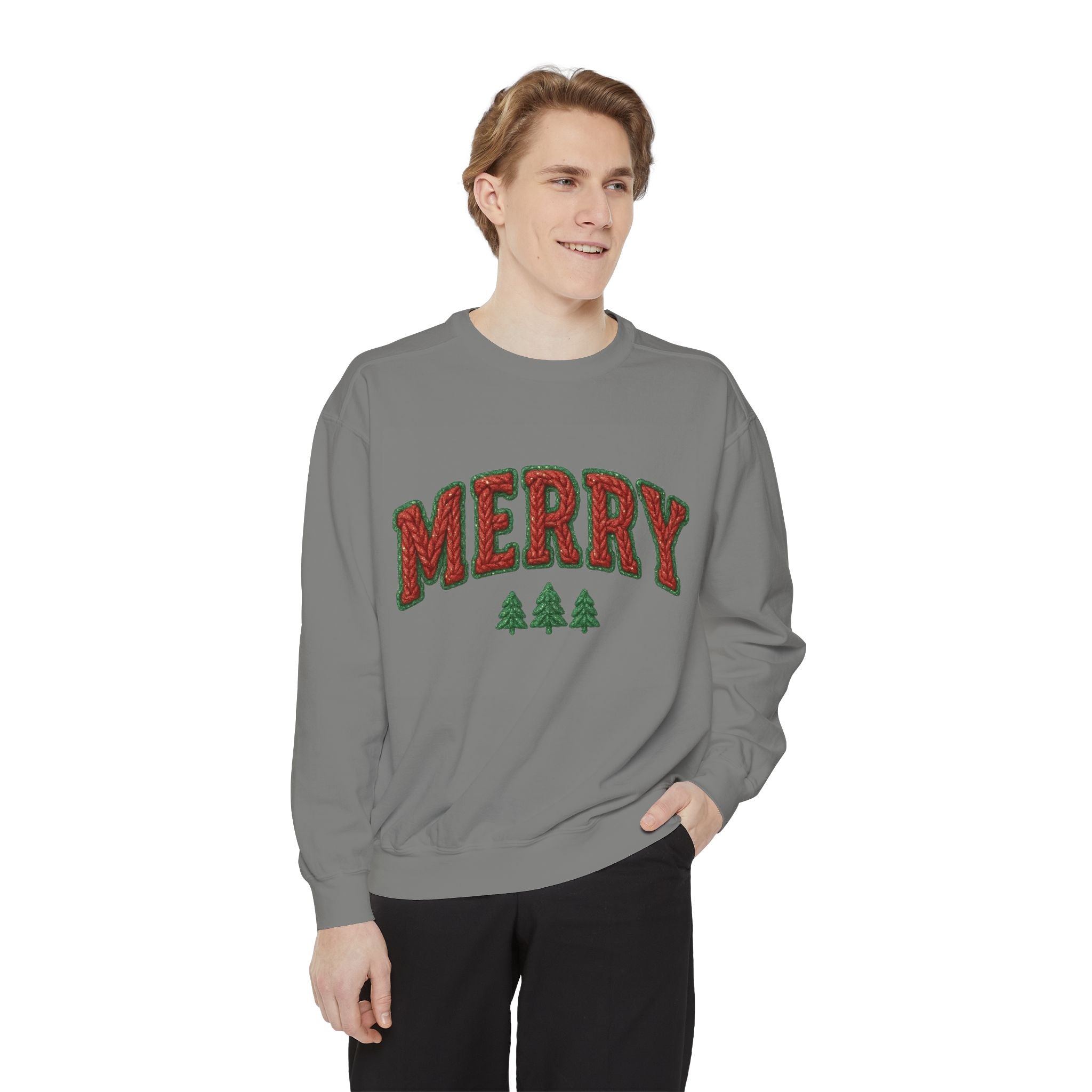 Merry Holiday Sweatshirt — Cozy Christmas Pullover with Tree Graphics Festive Holiday Designs