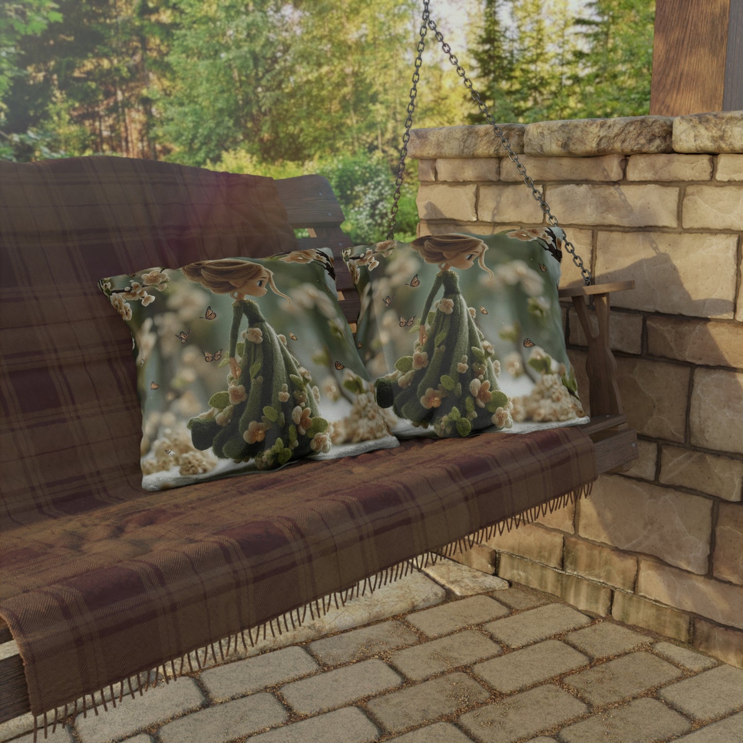 Spring Fairy Outdoor Pillow — Whimsical Girl with Butterflies Garden Decor