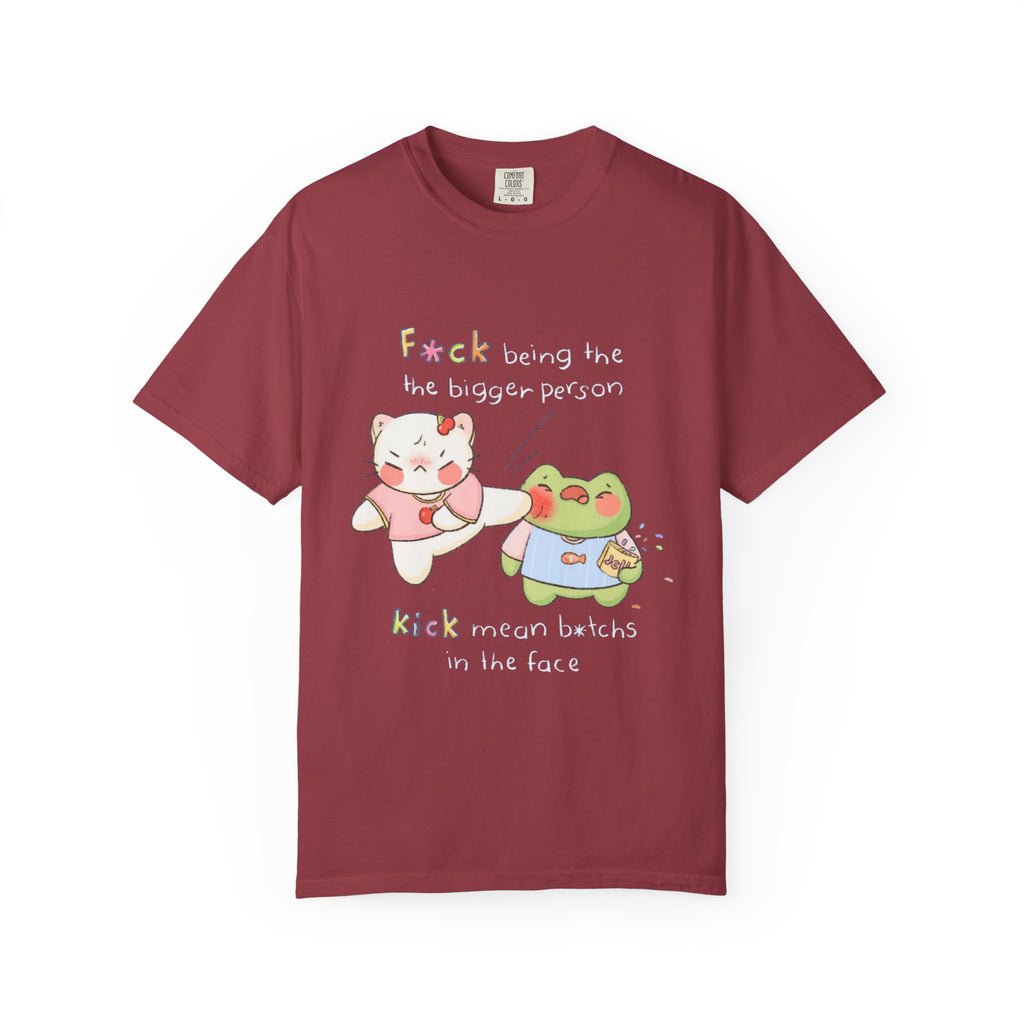 Graphic T-Shirt  Cute Kicking Cat & Frog with 'F*ck Being The Bigger Person' Slogan