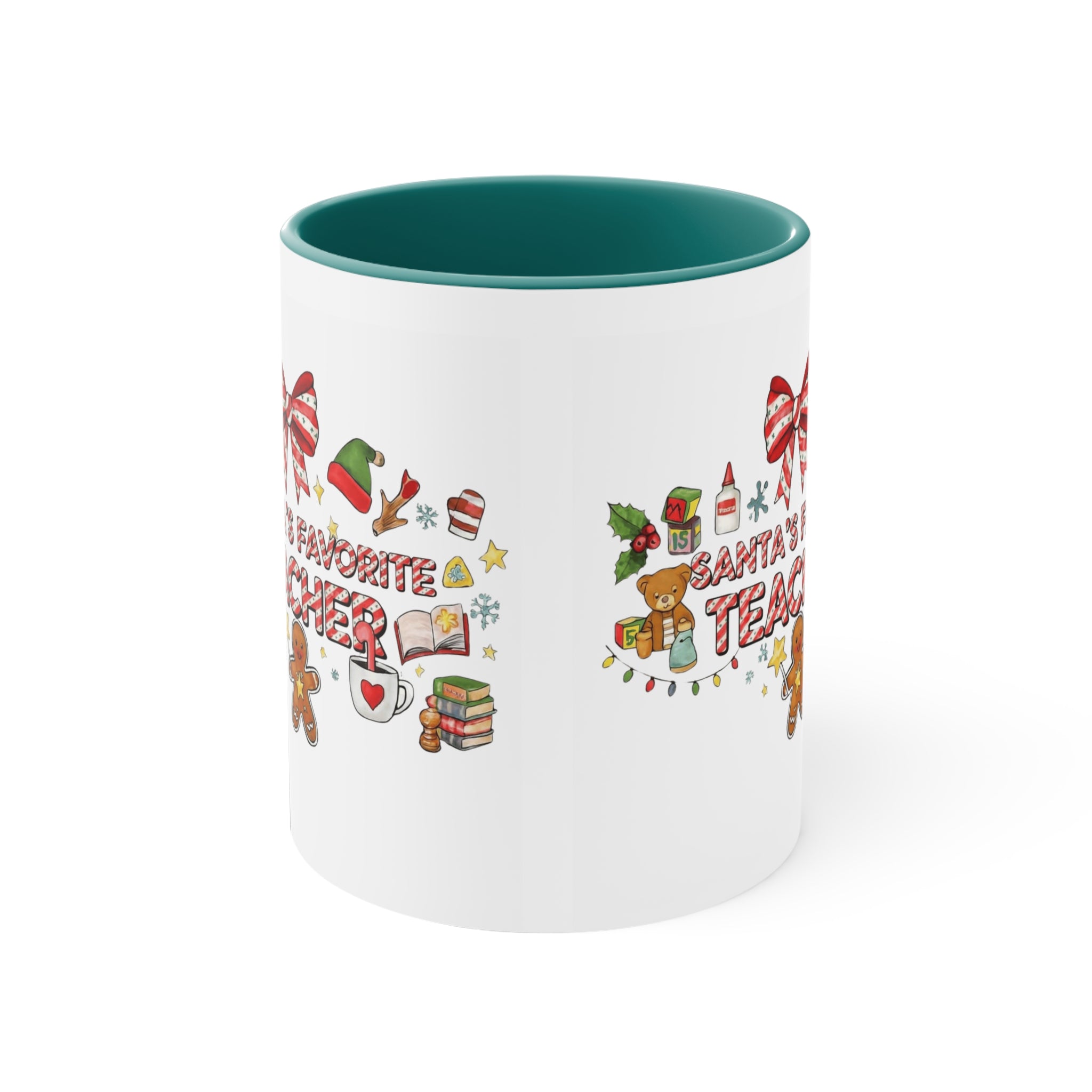 A festive Christmas mug for teachers who inspire hearts and minds all year long.  “Santa’s Favorite Teacher” 11oz Accent Coffee Cup