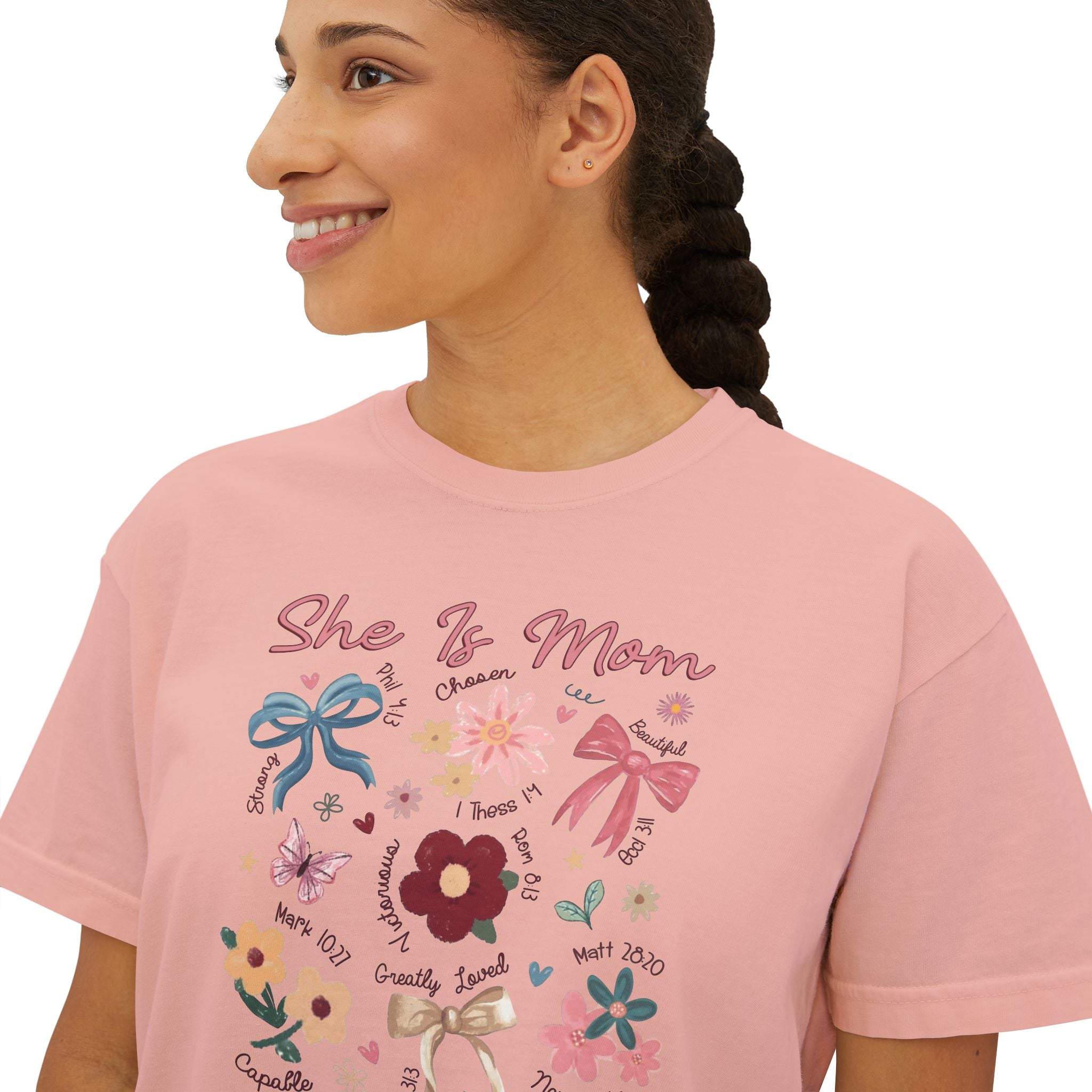 She Is Mom Floral Boxy Tee  Cute Mother’s Day Floral Graphic Shirt