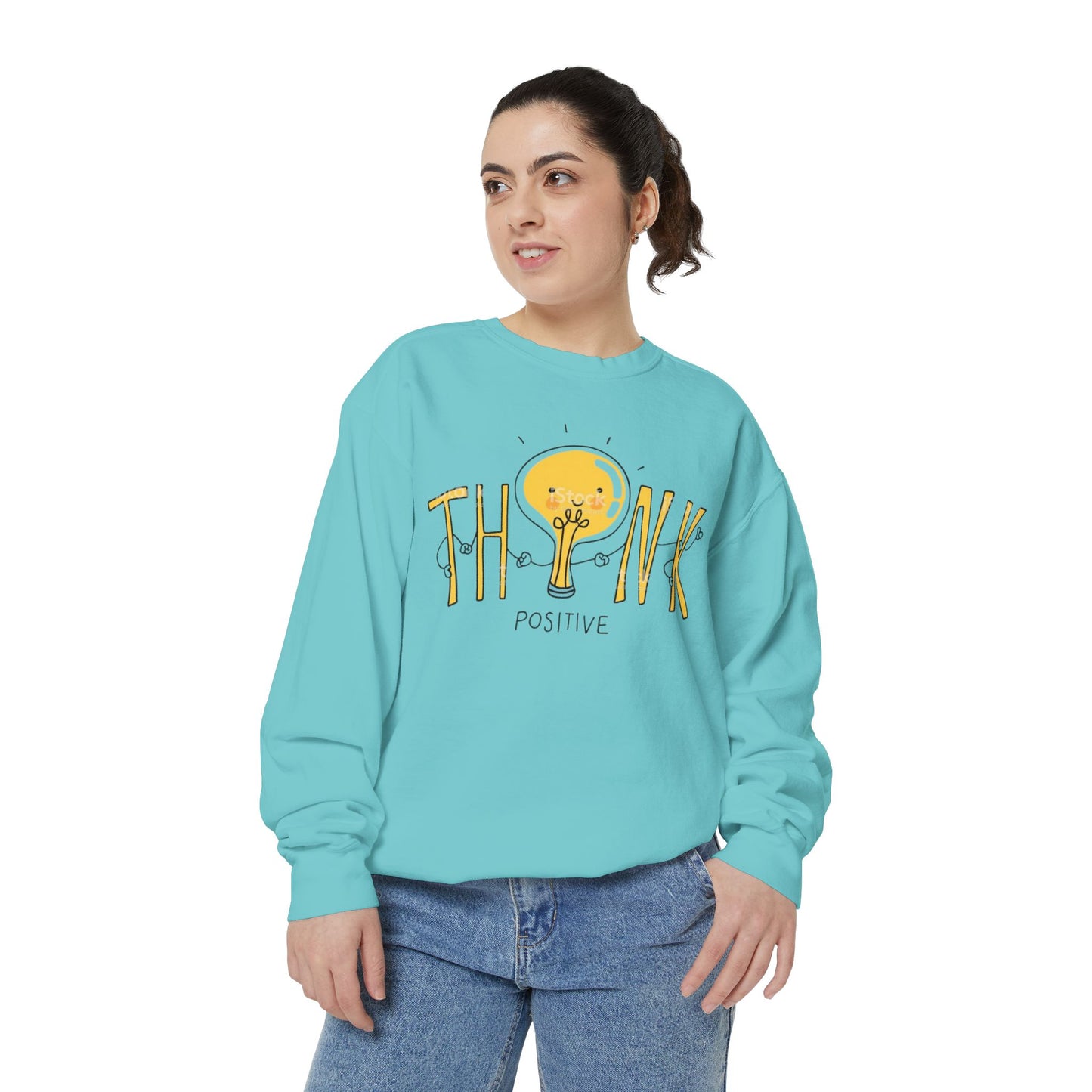 Think Positive Sweatshirt  Cute Lightbulb Graphic Positive Vibes Crewneck