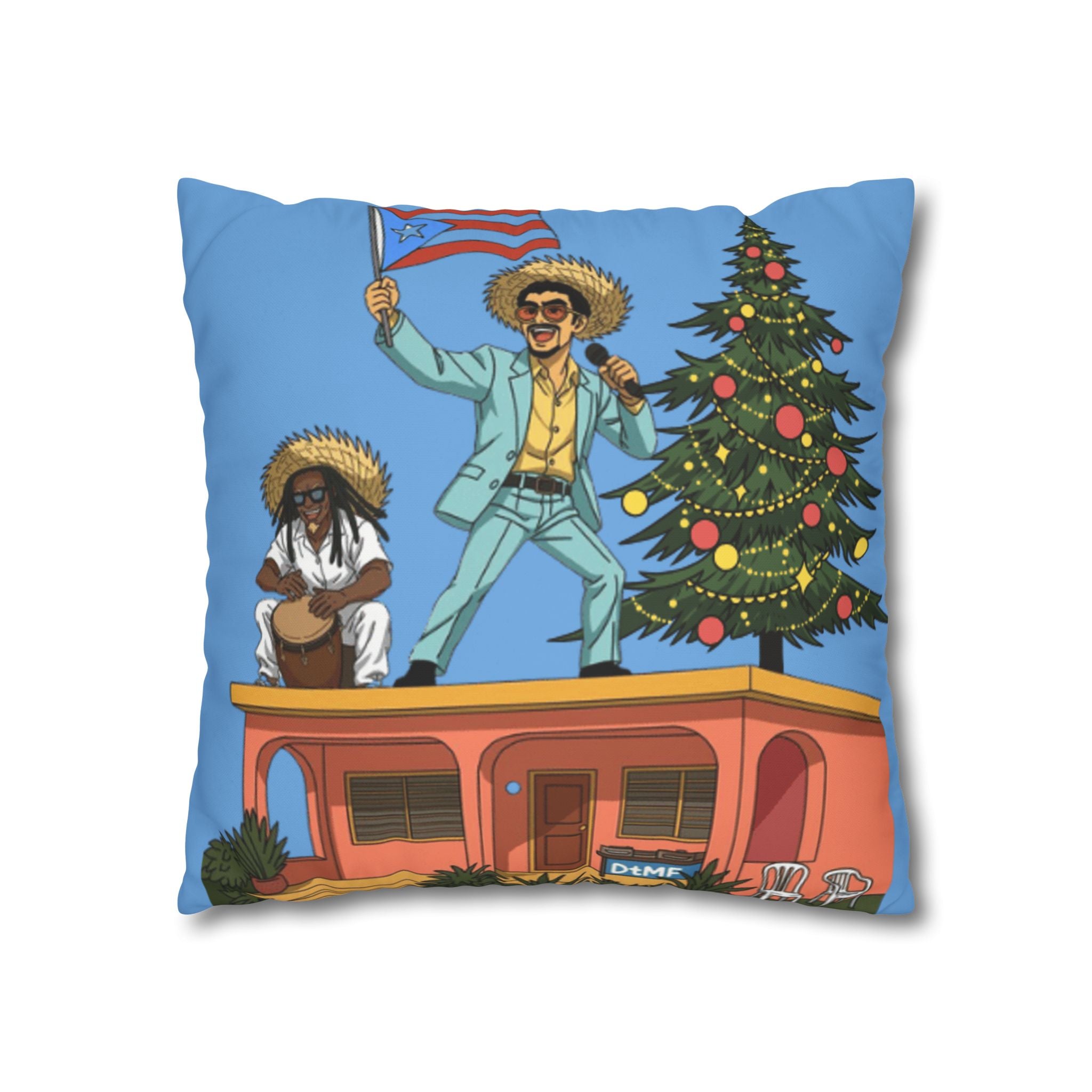 Holiday Vibes Pillow — Festive Duo Singing on Rooftop Christmas Throw Pillow Puerto Rico Culture Pillow