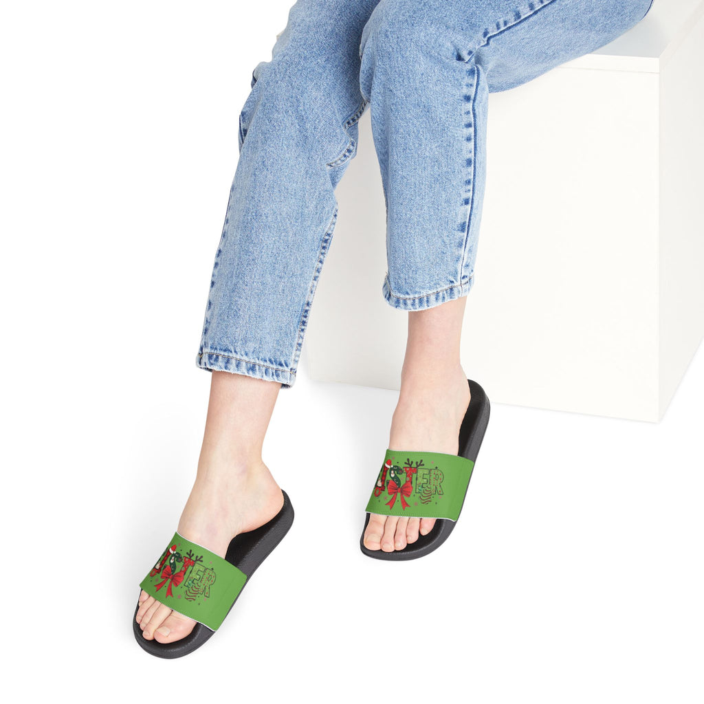 Sister Women's Holiday Slide Sandals — Green 'Joy' Gift Bow Design