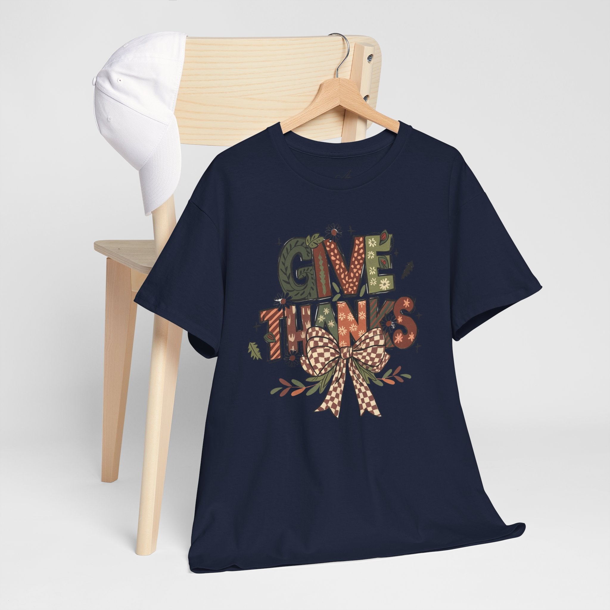 Give Thanks Tee Thanksgiving Graphic T-Shirt with Rustic Bow Design