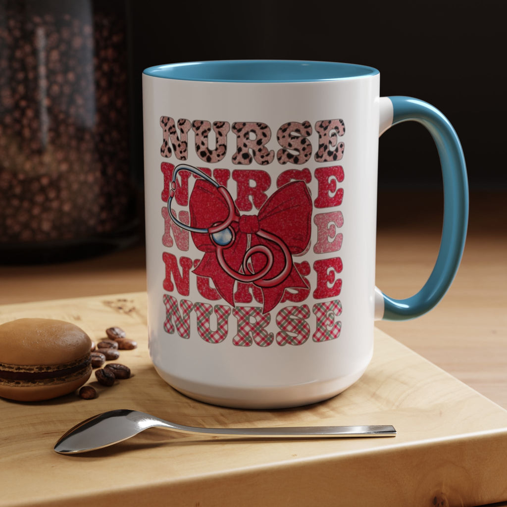 Nurse Stethoscope Bow Accent Coffee Mug — Cute Leopard & Plaid Healthcare Gift (11/15oz) Medical Christmas Mug