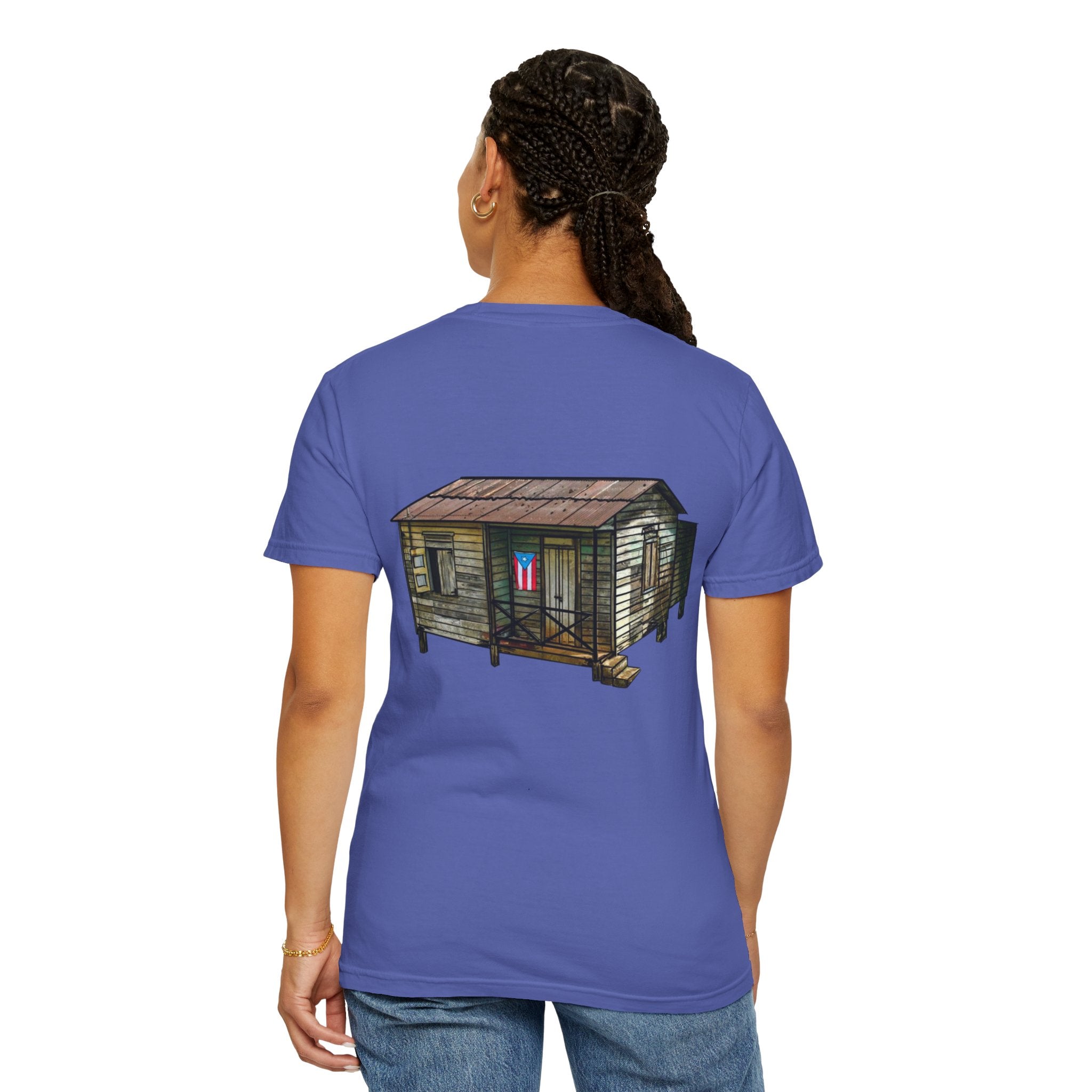 Puerto Rican Batey Cabin T-Shirt  Three Masks & Rustic House Graphic Tee Puerto Rico Navidades