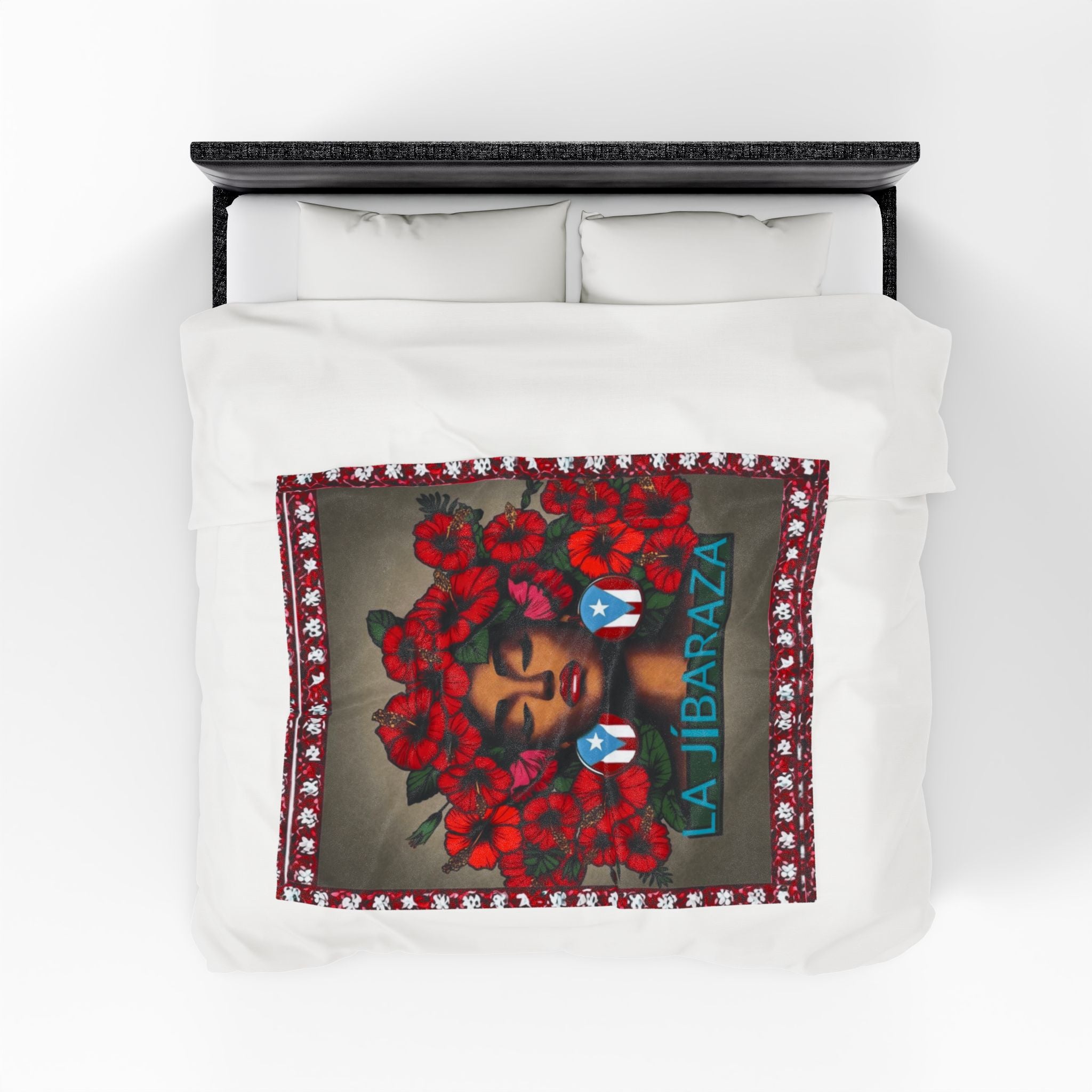 La Jíbaraza Velveteen Plush Blanket  Puerto Rican Floral Afro-Latina Portrait Throw