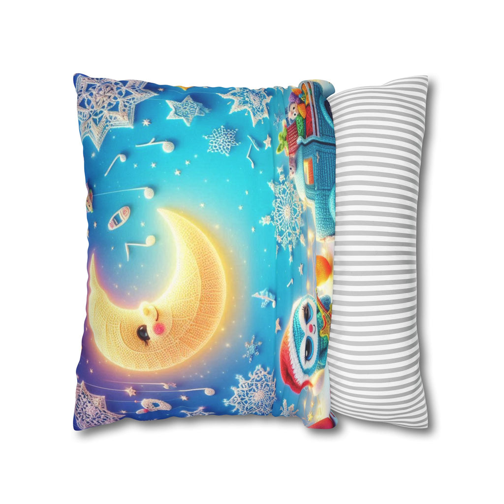 Whimsical Moon & Penguin Holiday Pillowcase  Faux Suede Square Throw Pillow