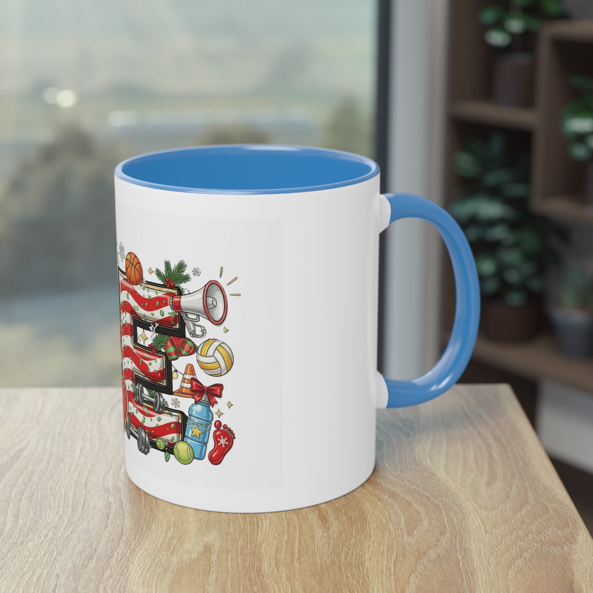 Holiday Sports Mom Coffee Mug Festive 'PE' Candy-Stripe Design, 11oz Two-Tone School Staff Christmas Mug Collection,