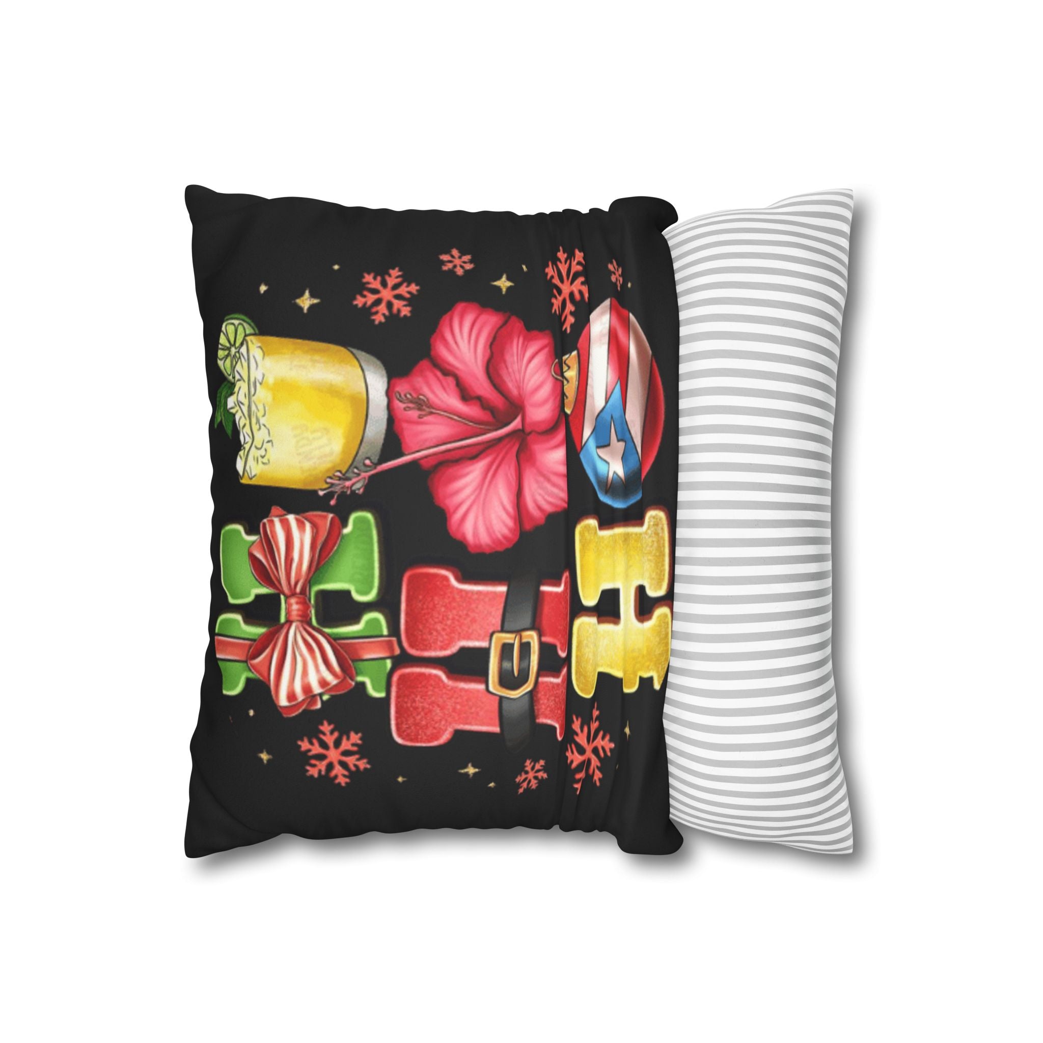 Holiday HOHO Pillow Cover  Puerto Rico Ornament, Hibiscus & Coquito Christmas Throw Pillowcase