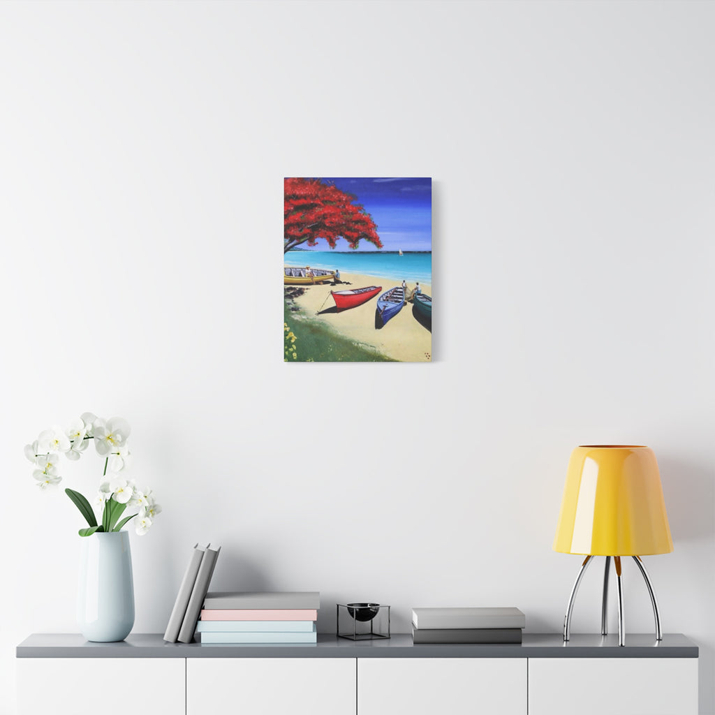 Beach Canoes Canvas Wall Art Tropical Seaside Landscape Matte Stretched Canvas