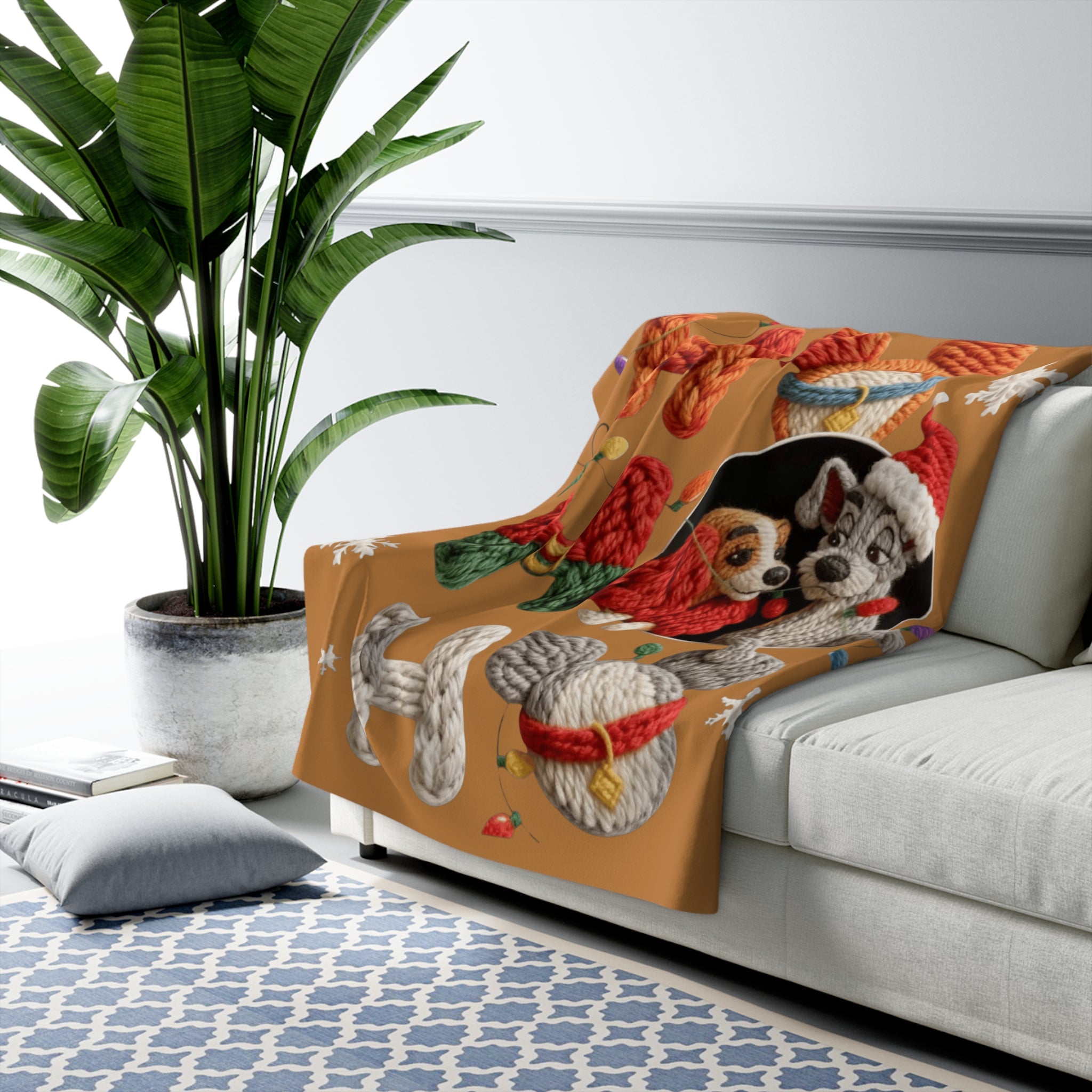Holiday 'Ho Ho Ho' Sherpa Blanket with Cute Knit Puppy Design Santa’s Little Snuggle Blanket
