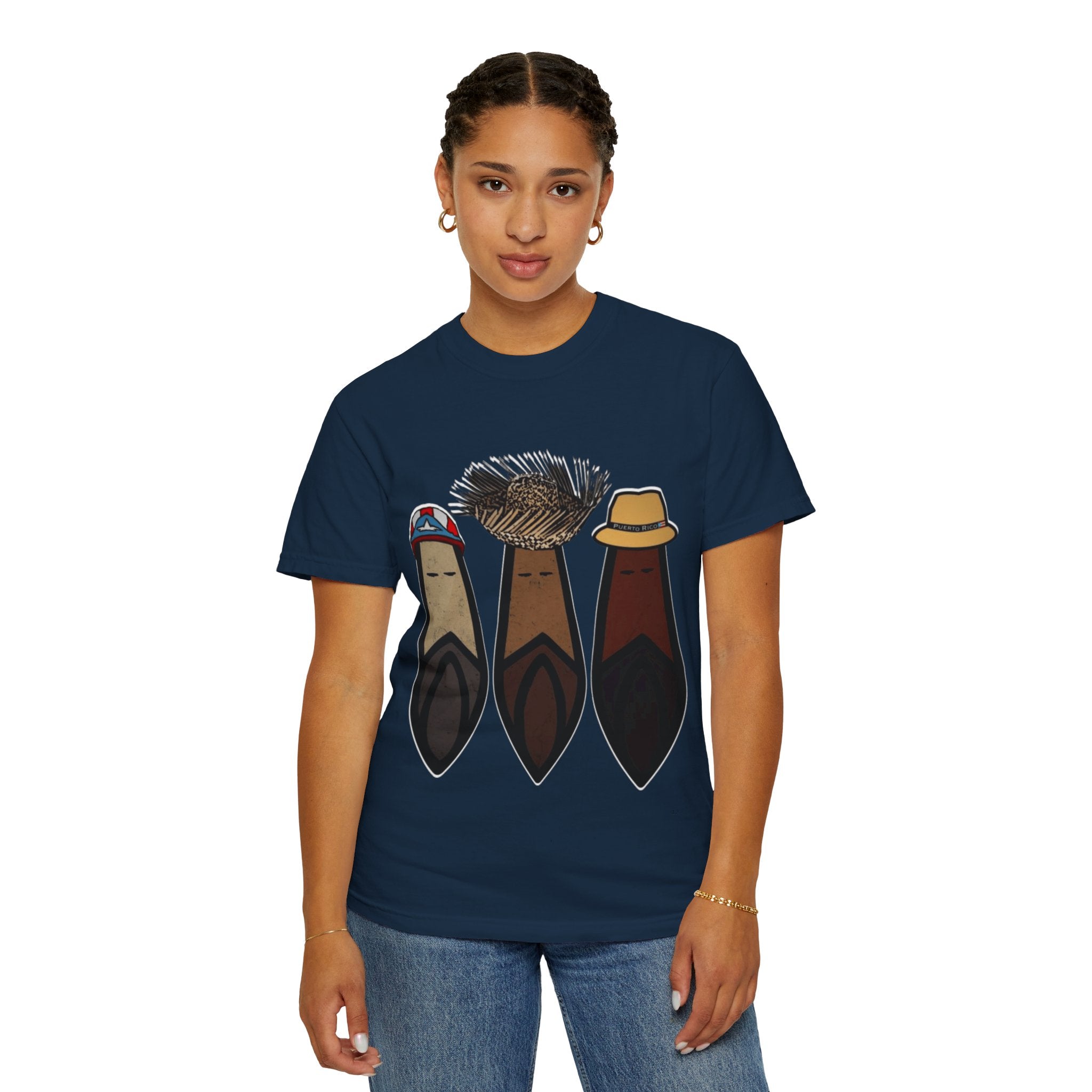 Puerto Rican Batey Cabin T-Shirt  Three Masks & Rustic House Graphic Tee Puerto Rico Navidades