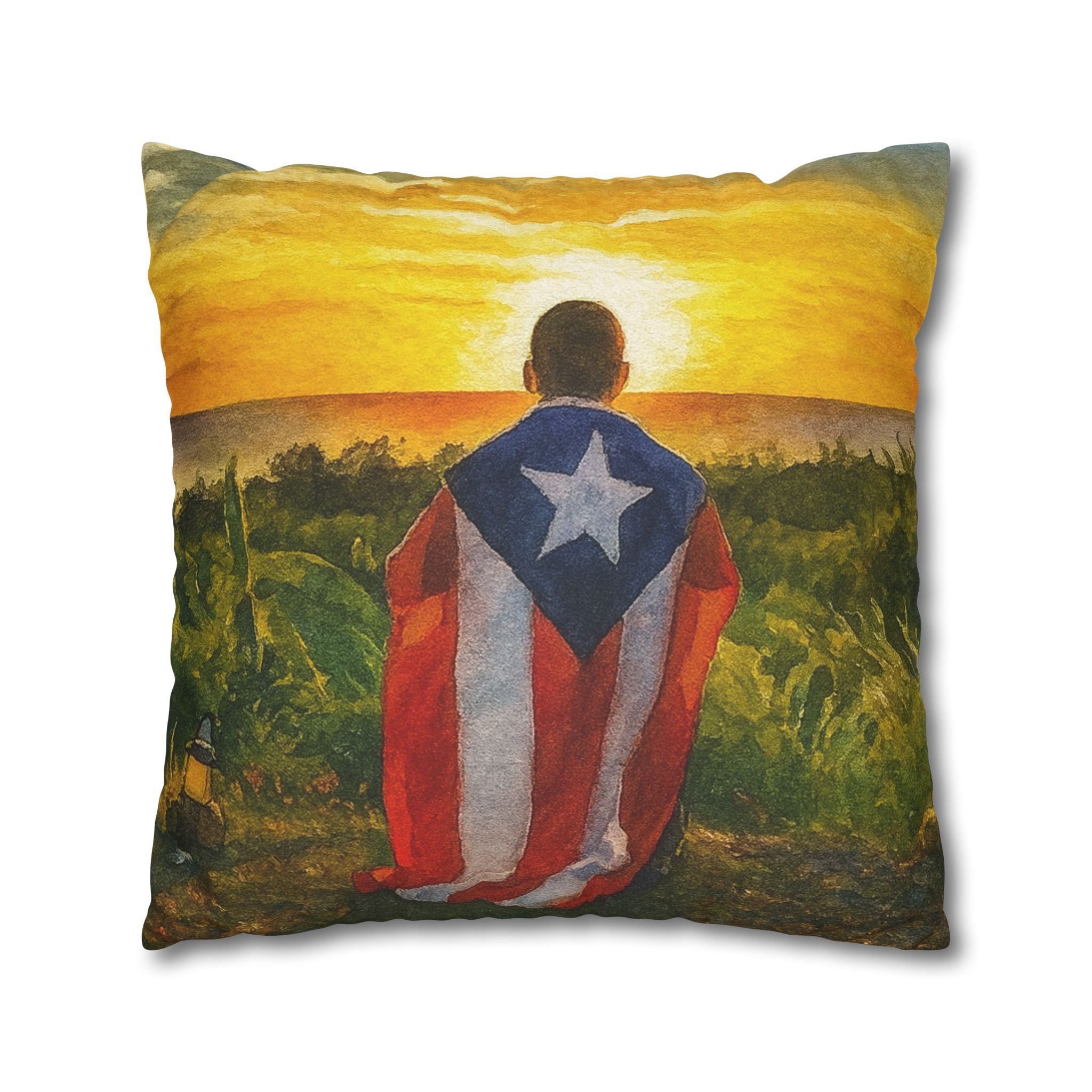 Puerto Rican Flag Sunset Pillowcase  Boy Draped in Puerto Rico Flag Decorative Throw Pillow Puerto Rico Culture Pillow