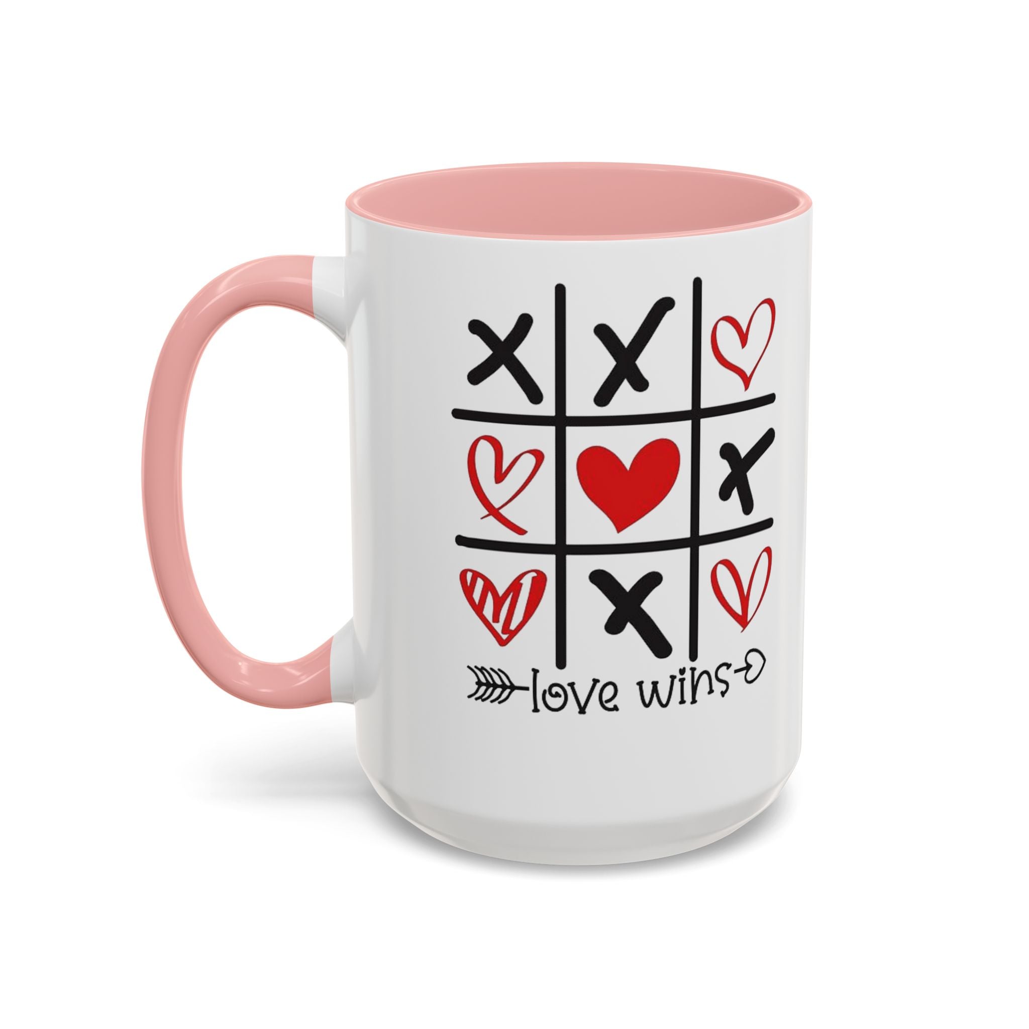 Love Wins Tic-Tac-Toe Heart Accent Coffee Mug — Romantic Valentine 11/15oz