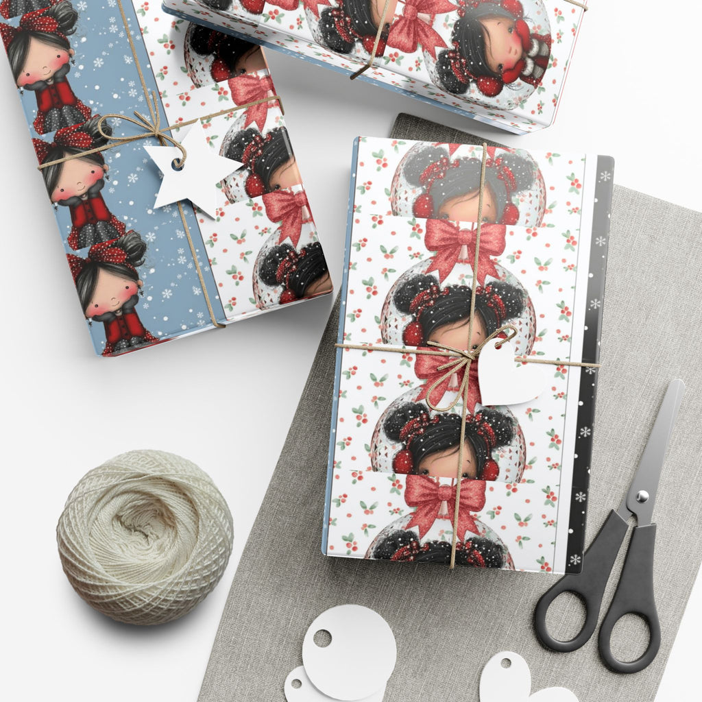 Festive Wrapping Paper Gift Wrap Papers - Cute Holiday Girl Patterned Wrapping Paper Rolls (Snow, Red Bows)