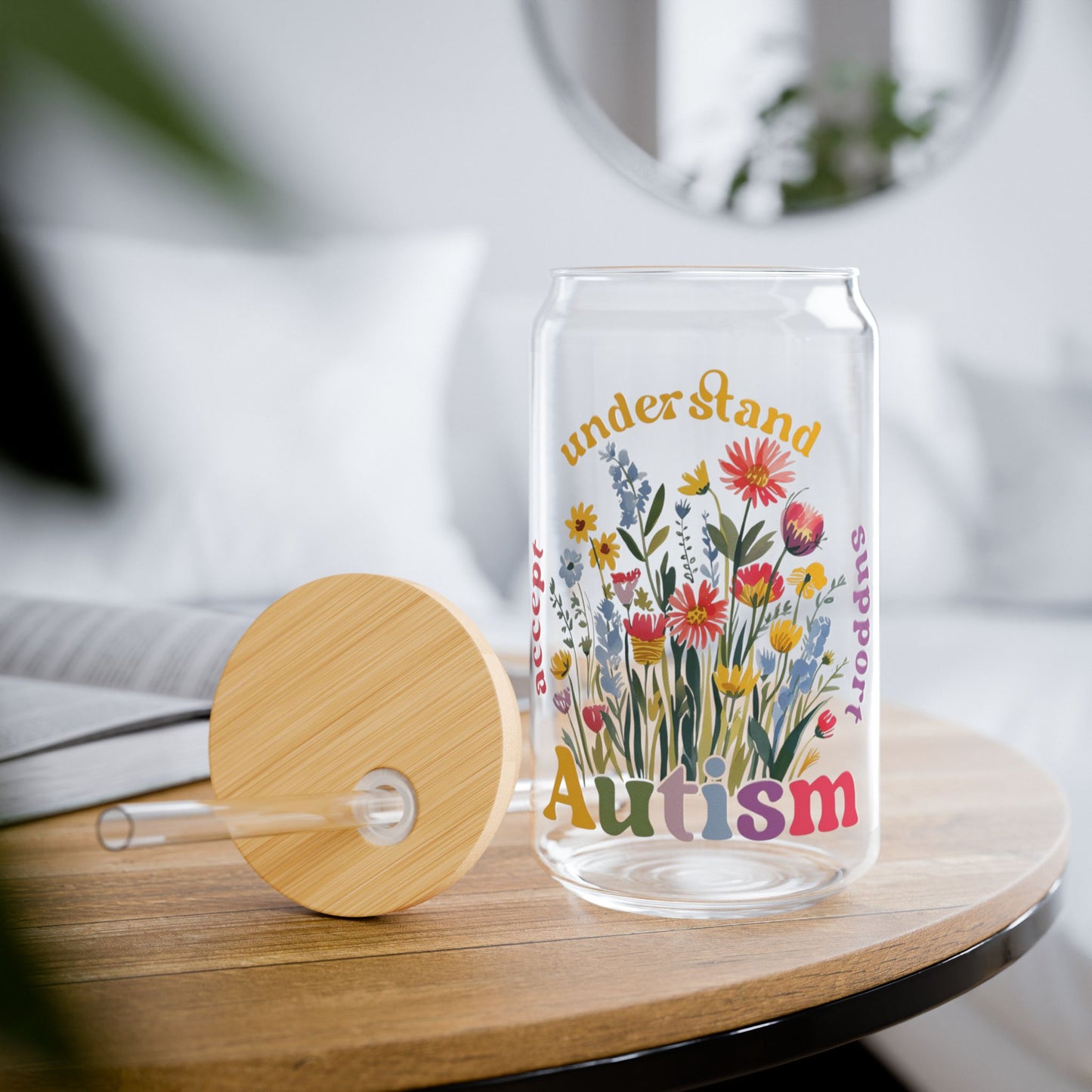 Autism Awareness & Pride Collection Floral Autism Awareness Sipper Glass - 16oz with Bamboo Lid