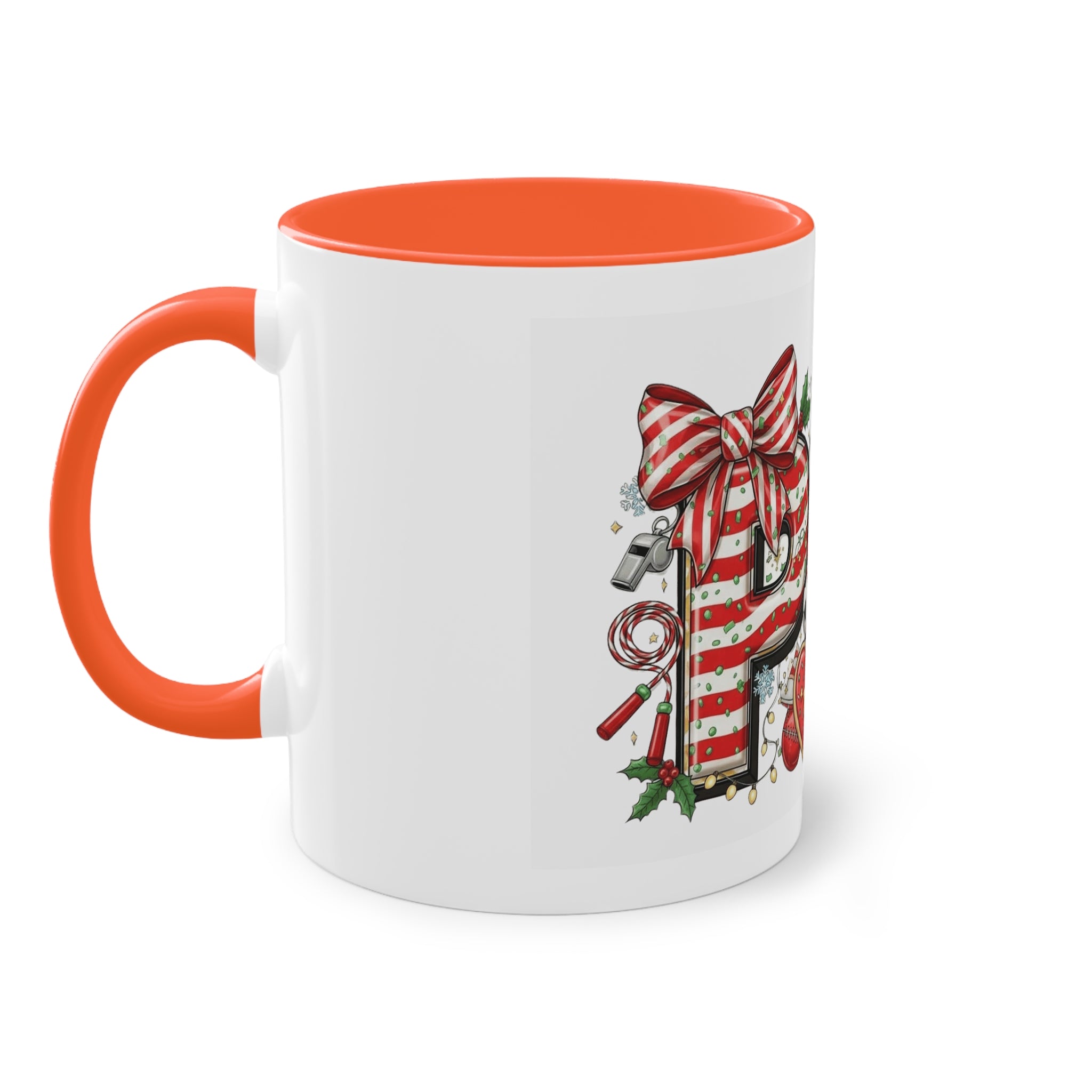 Holiday Sports Mom Coffee Mug Festive 'PE' Candy-Stripe Design, 11oz Two-Tone School Staff Christmas Mug Collection,