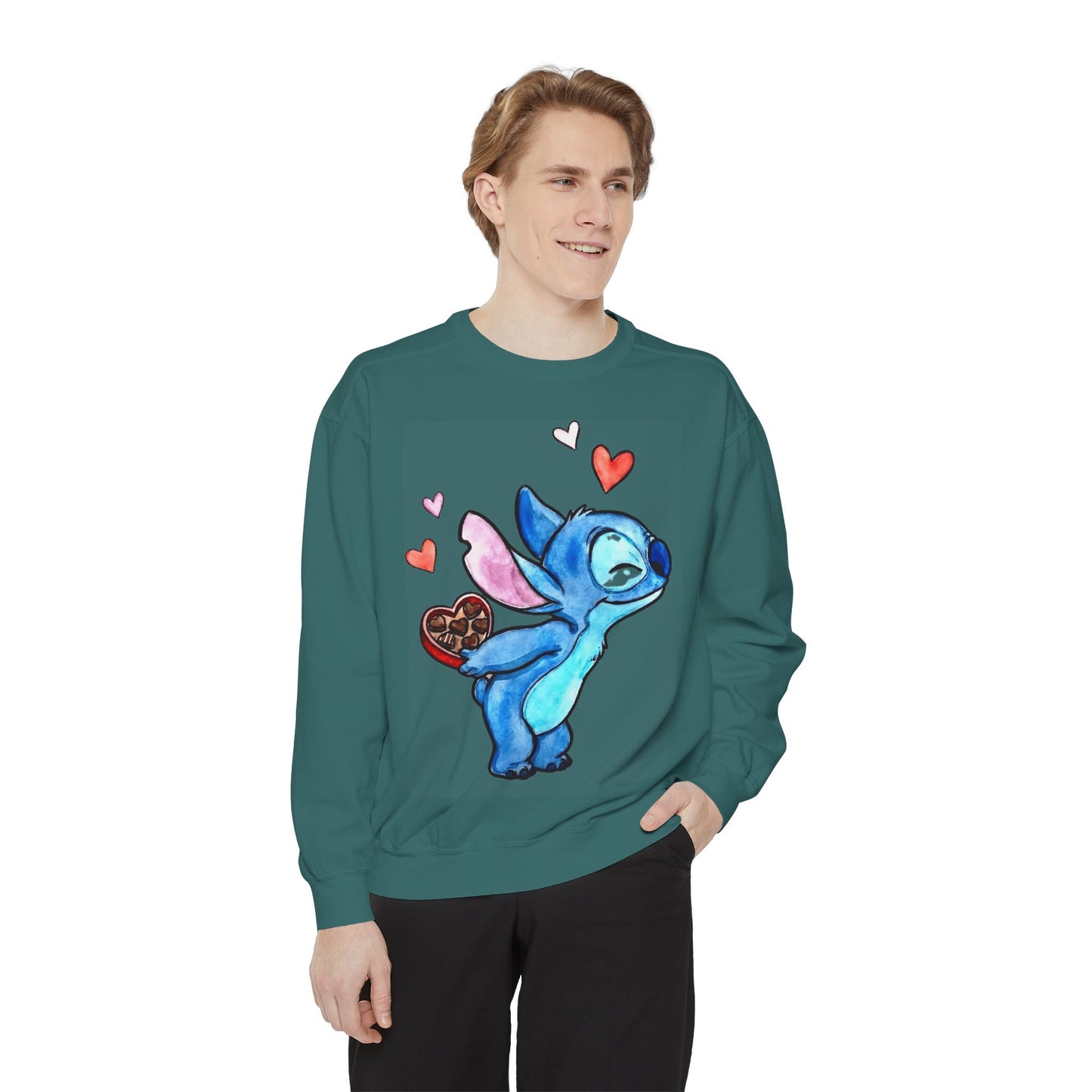 Stitch Valentine Sweatshirt — Cute Blue Alien with Hearts & Chocolate Pocket