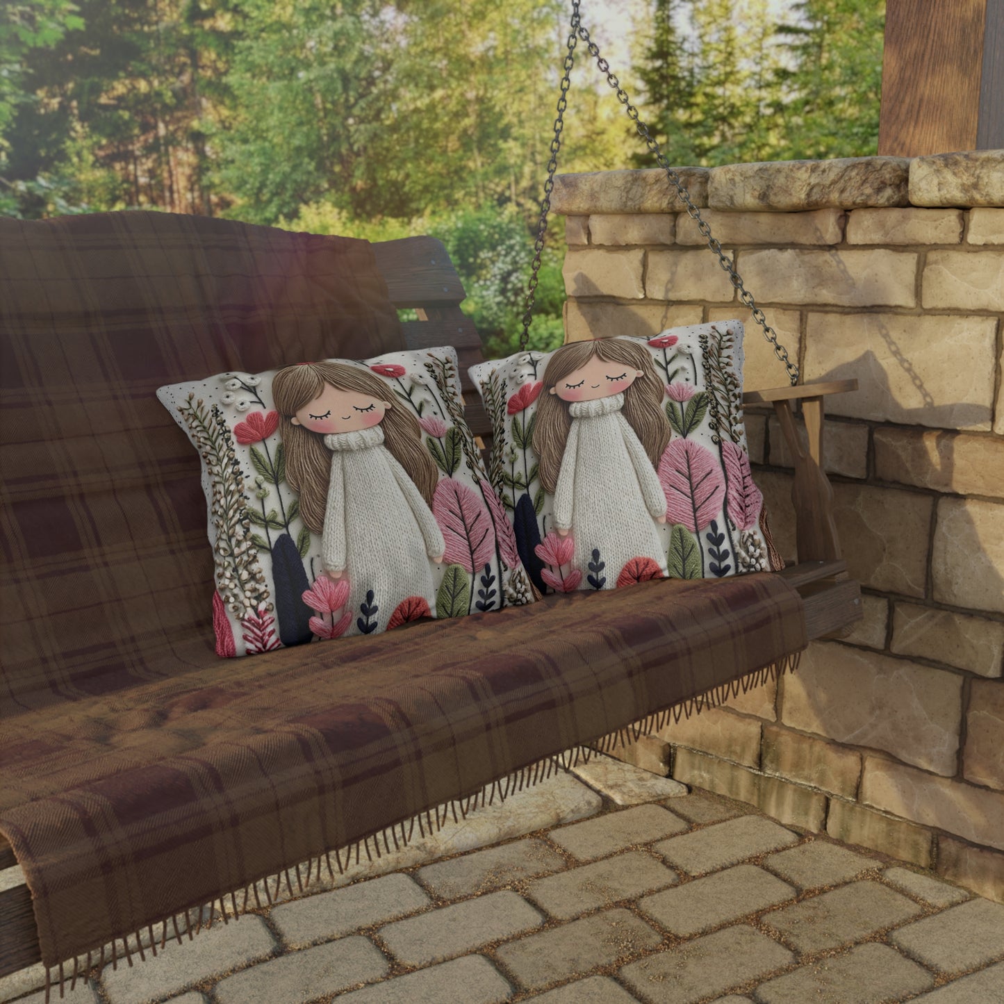 Cute Girl Floral Outdoor Pillow — Whimsical Garden Accent Cushion