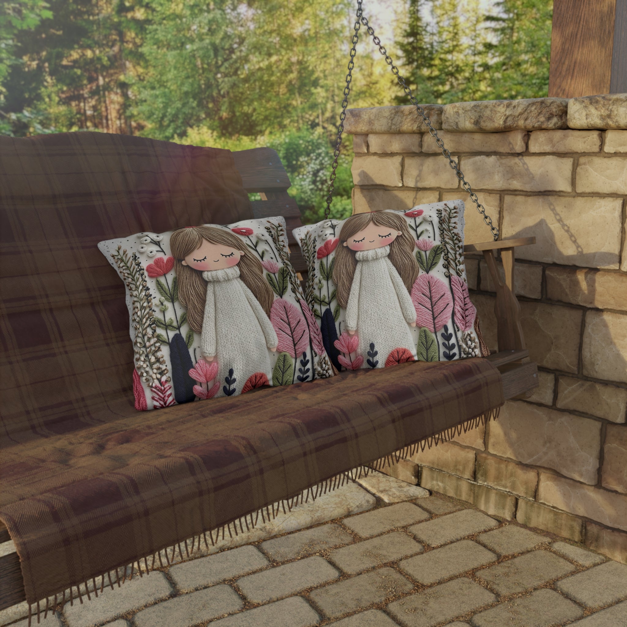 Cute Girl Floral Outdoor Pillow — Whimsical Garden Accent Cushion