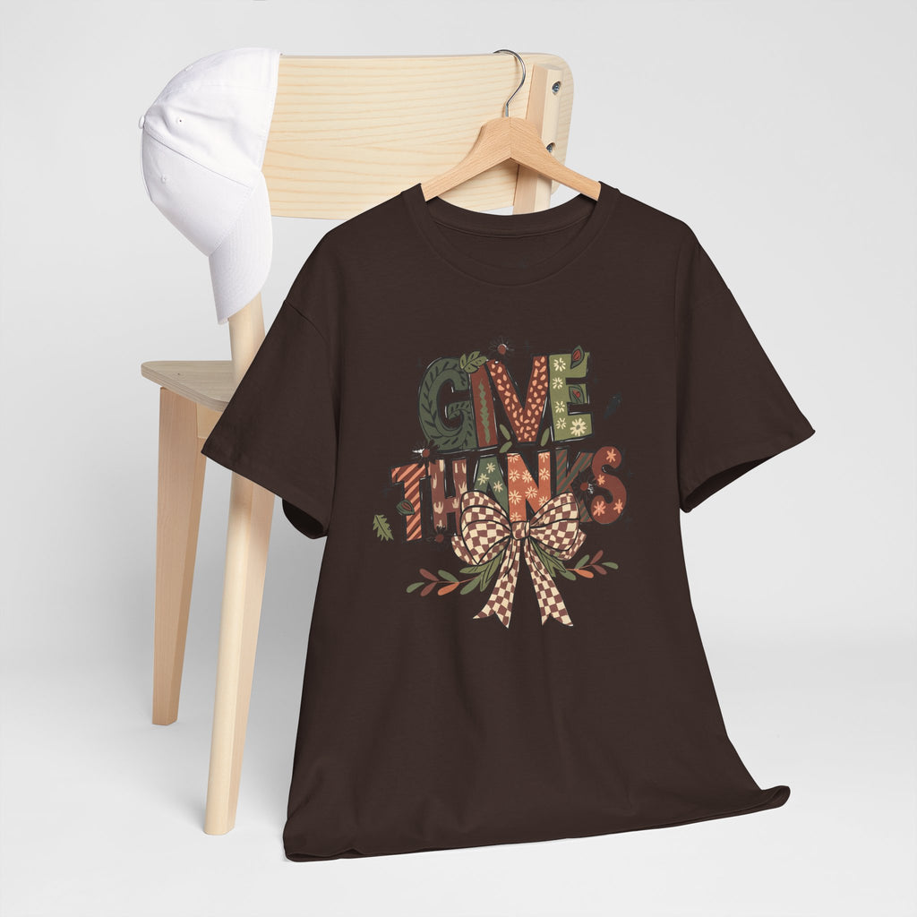 Give Thanks Tee Thanksgiving Graphic T-Shirt with Rustic Bow Design