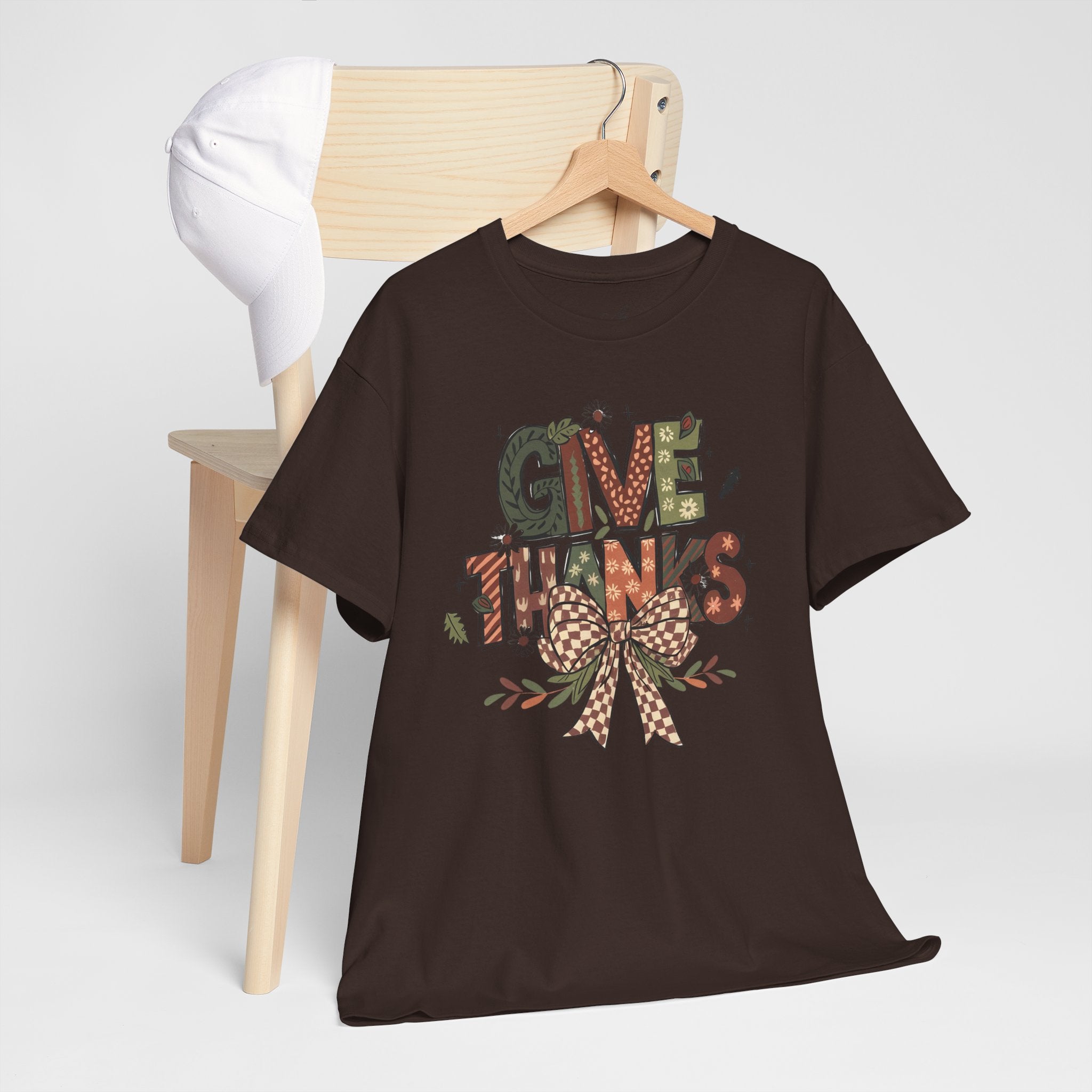 Give Thanks Tee Thanksgiving Graphic T-Shirt with Rustic Bow Design