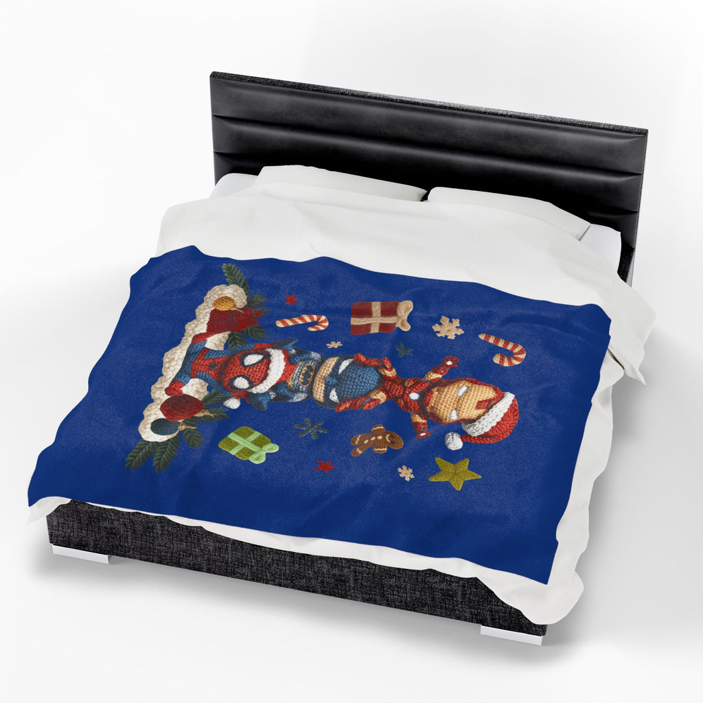 Plush Holiday Marvel Blanket — Cute Iron Man, Captain America & Spider-Man Stack with Christmas Gifts