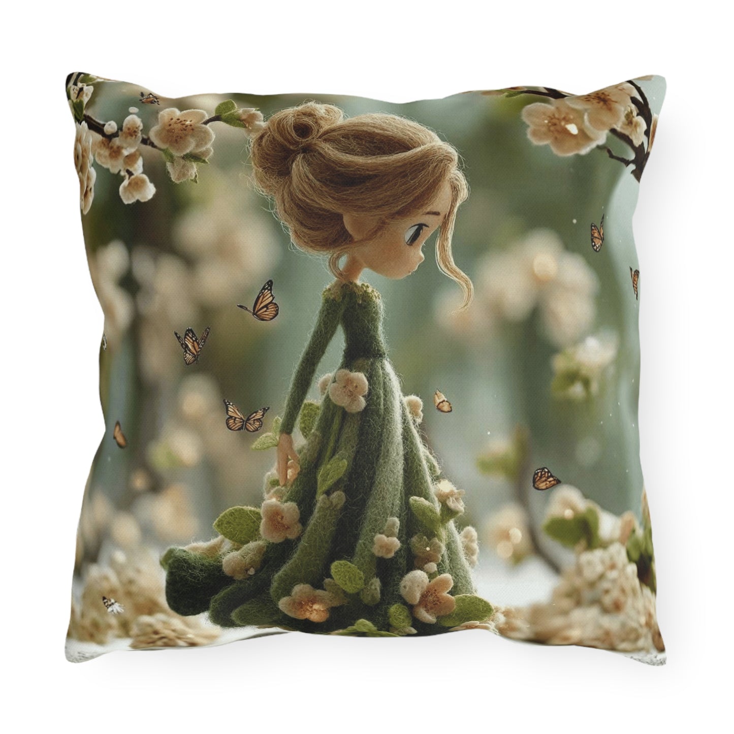 Spring Fairy Outdoor Pillow — Whimsical Girl with Butterflies Garden Decor