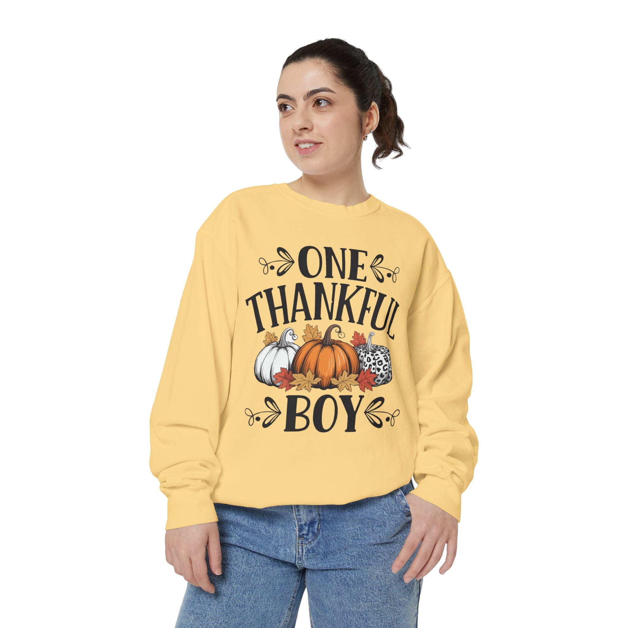 Thankful Boy Sweatshirt  Fall Pumpkin Thanksgiving Crewneck Fall T-Shirts and Sweatshirts Collection
