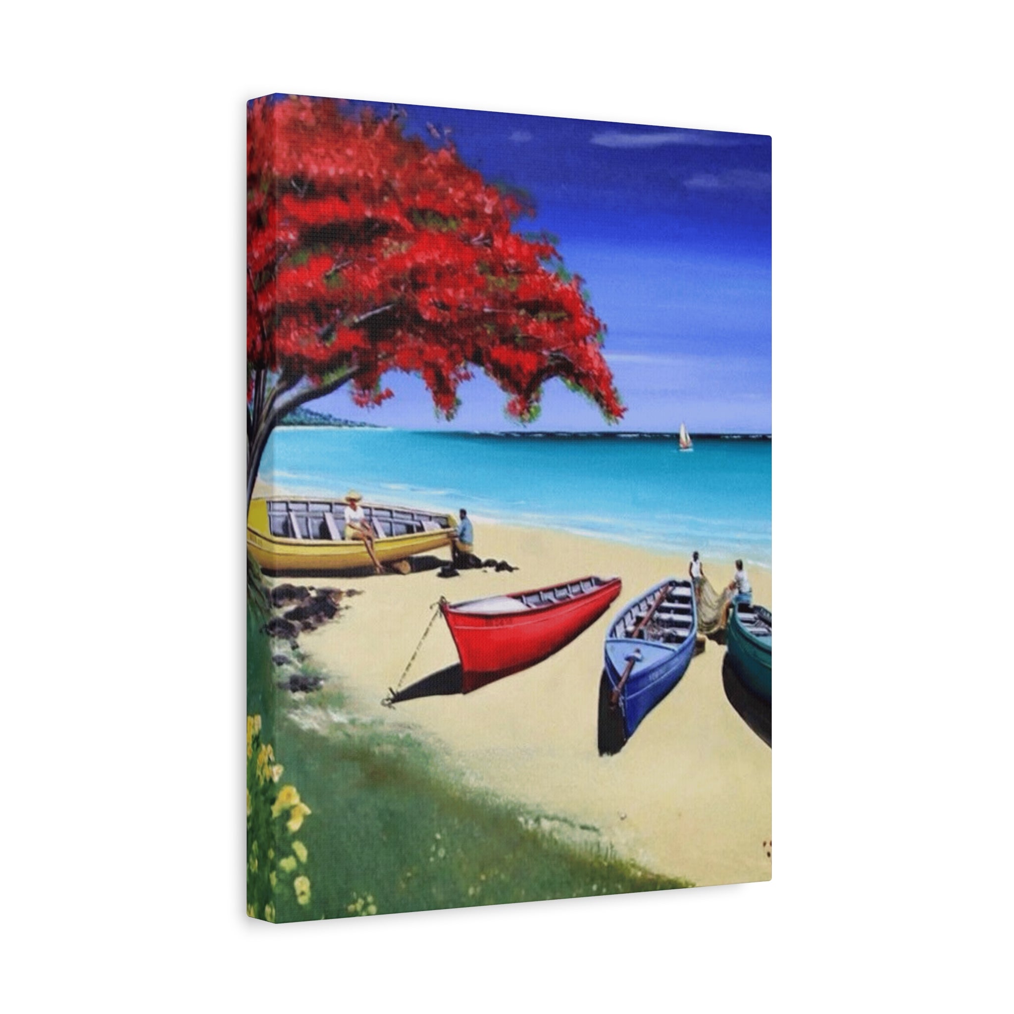Beach Canoes Canvas Wall Art Tropical Seaside Landscape Matte Stretched Canvas