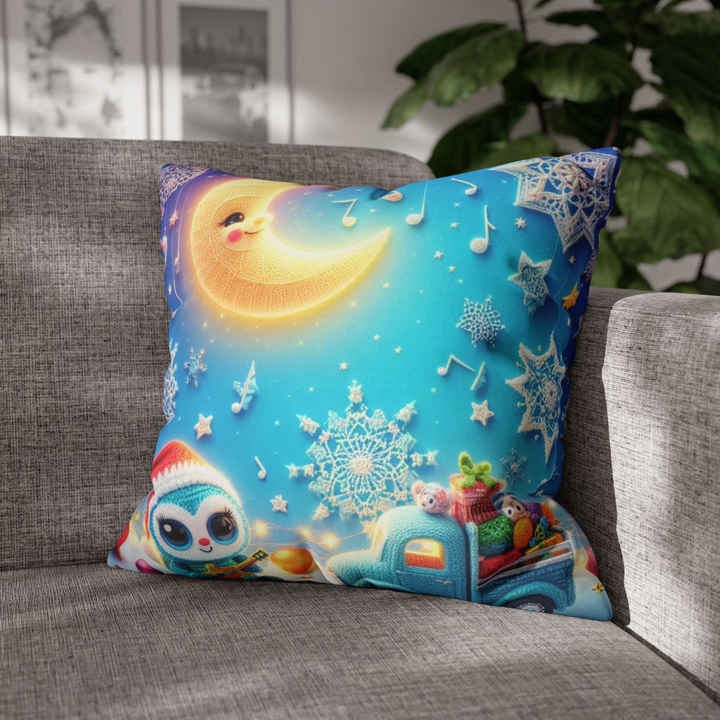 Whimsical Moon & Penguin Holiday Pillowcase  Faux Suede Square Throw Pillow