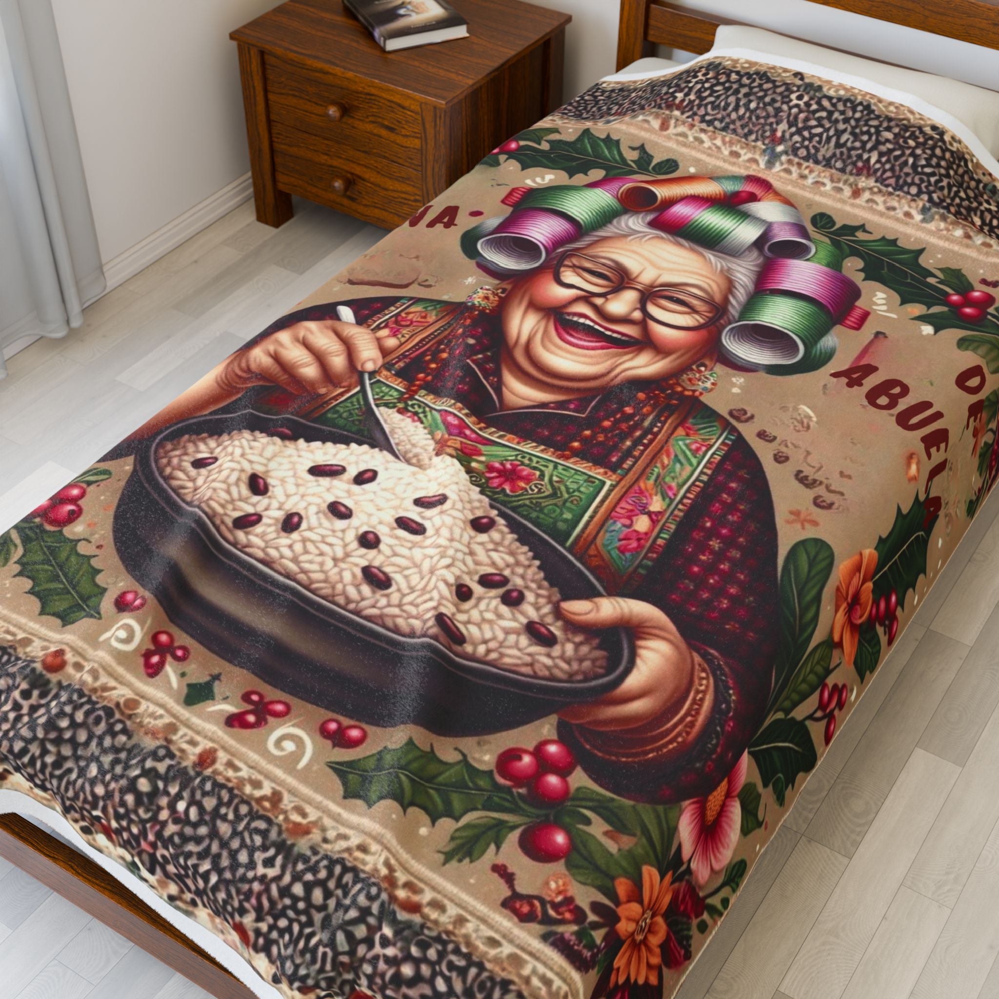 Grandma’s Cocina Velveteen Plush Blanket —Abuela Cooking Illustration Throw