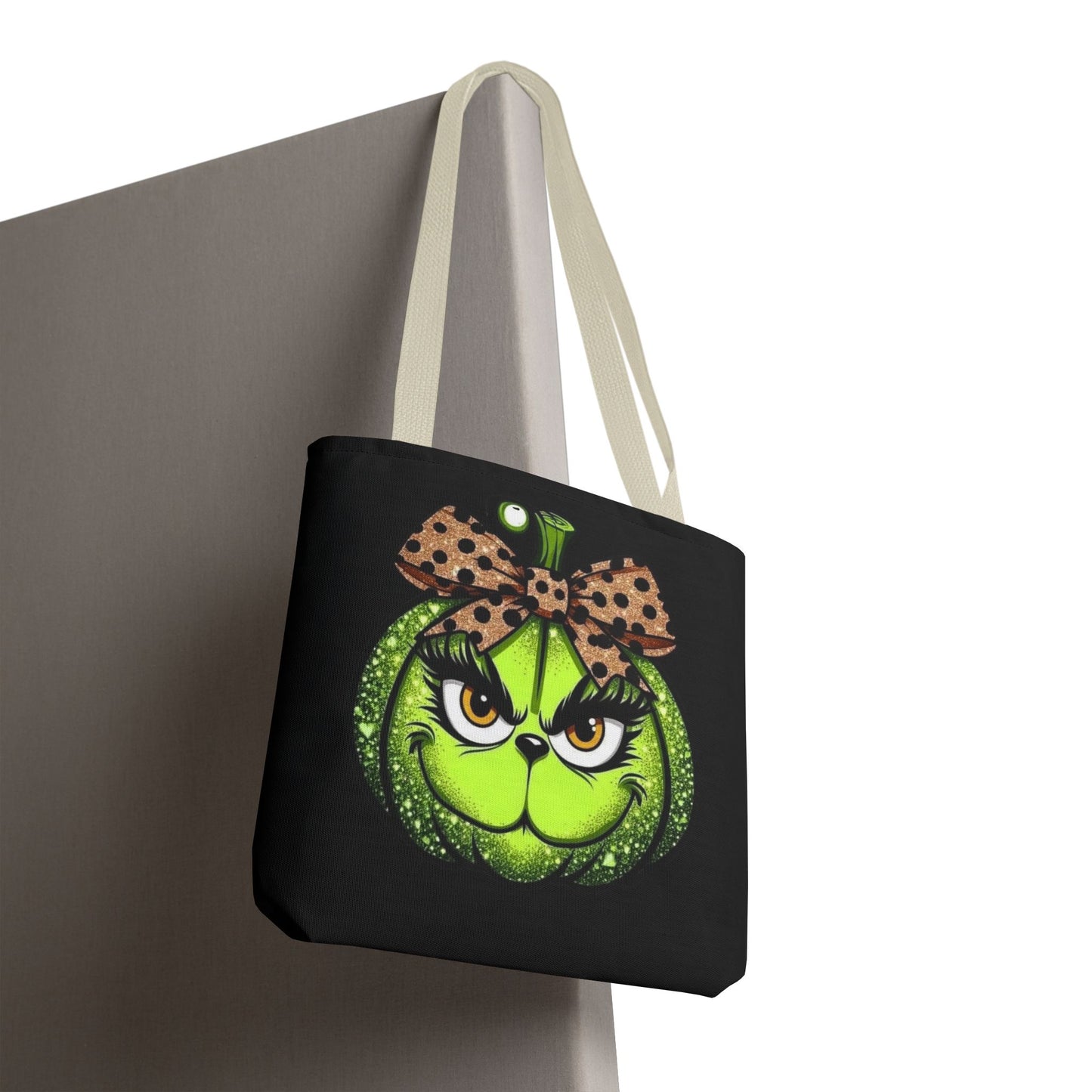 Grinch-Inspired Tote Bag with Polka Dot Bow Christmas Tote Bag Festive Holiday Design
