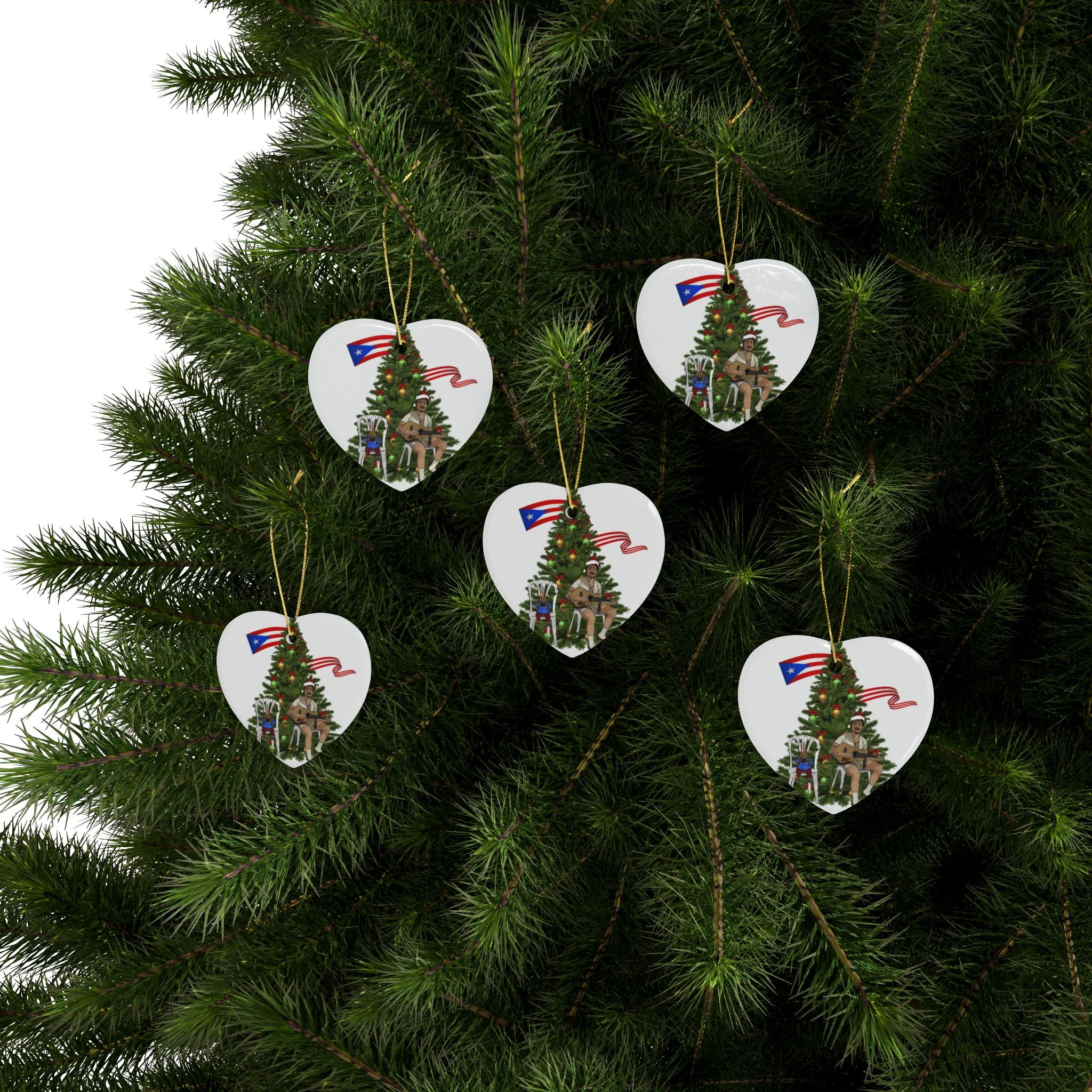 Puerto Rican Christmas Ornament Coquí & Palm Tree Ornament  Festive Tree with Guitarist Ceramic Heart Ornament