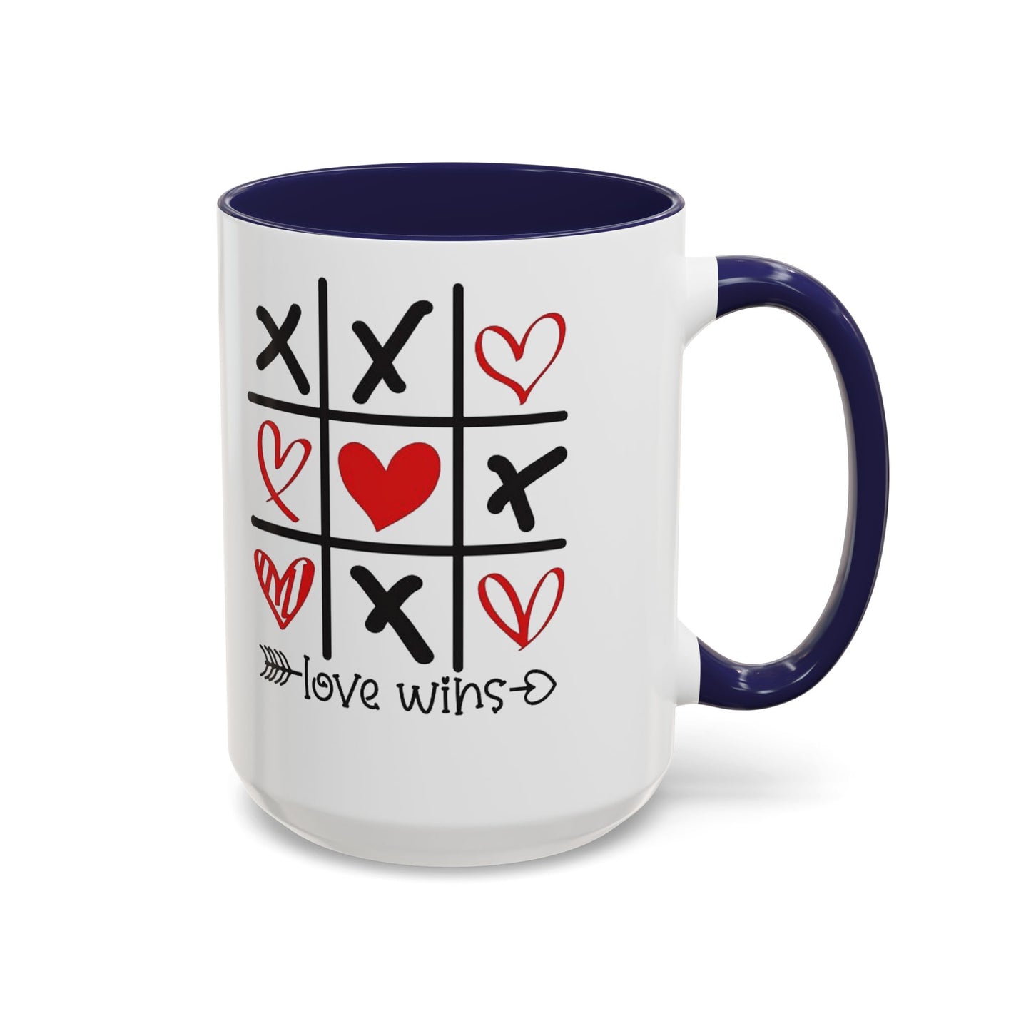Love Wins Tic-Tac-Toe Heart Accent Coffee Mug — Romantic Valentine 11/15oz