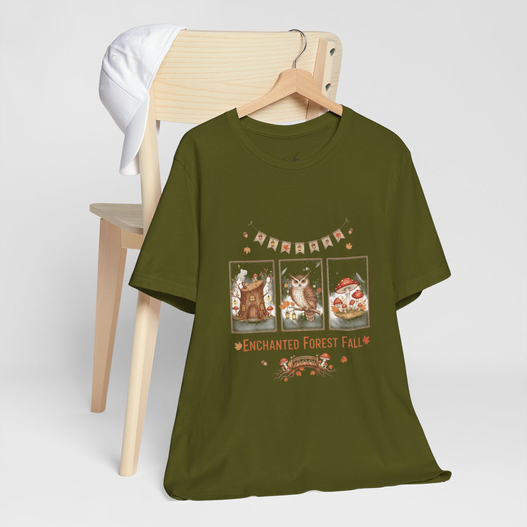 Enchanted Forest Fall Tee, Cute Owl Shirt, Autumn Graphic Tee, Nature Lover Gift, Cozy Fall Apparel, Wildlife T-Shirt, Unisex Fall Top