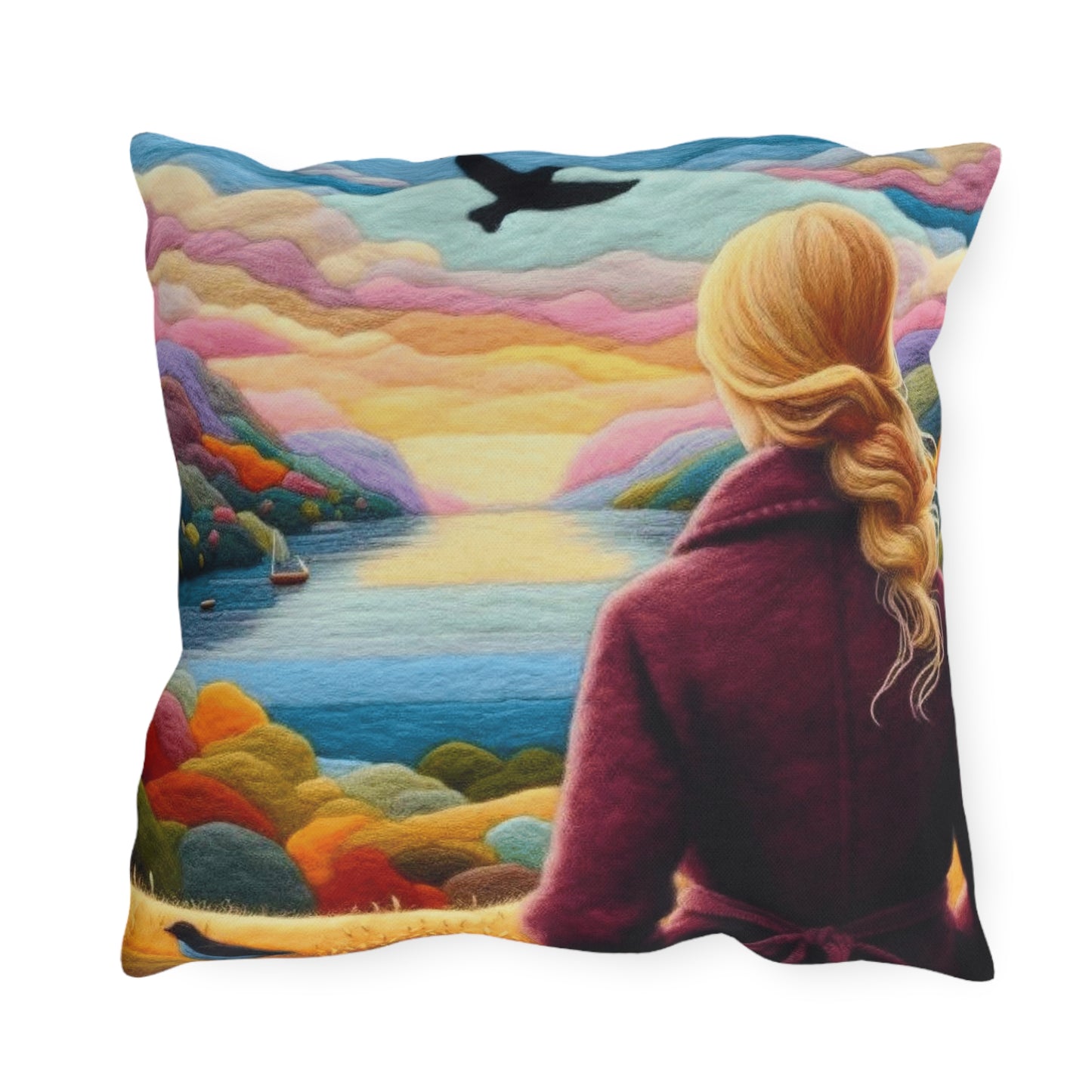 Scenic Lakeview Outdoor Pillow — Woman Overlooking Colorful Sunset Landscape