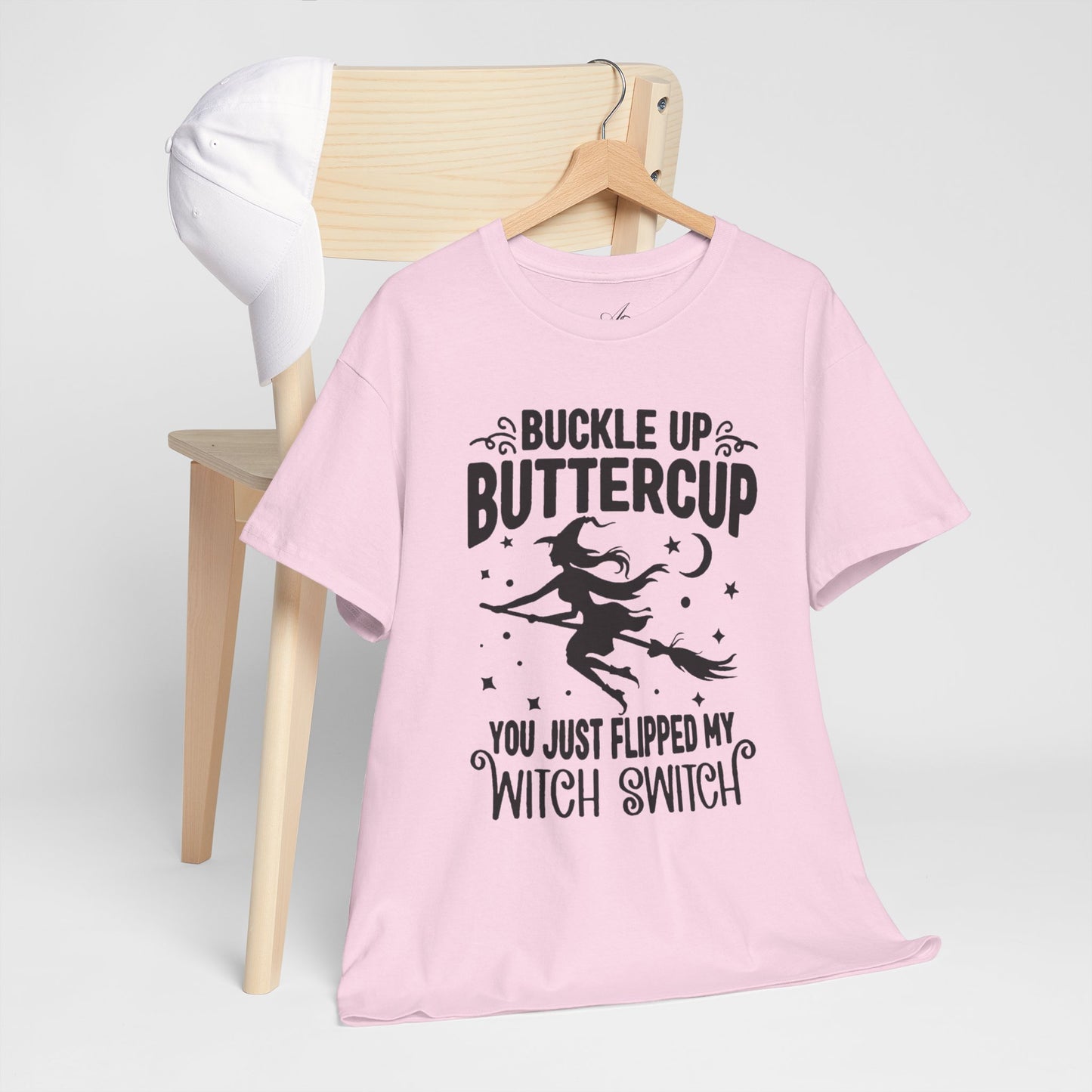 Witchy Humor Tee - Buckle Up Buttercup, Unisex Heavy Cotton Tee, Halloween Shirt, Casual Wear, Gift for Her, Funny T-Shirt