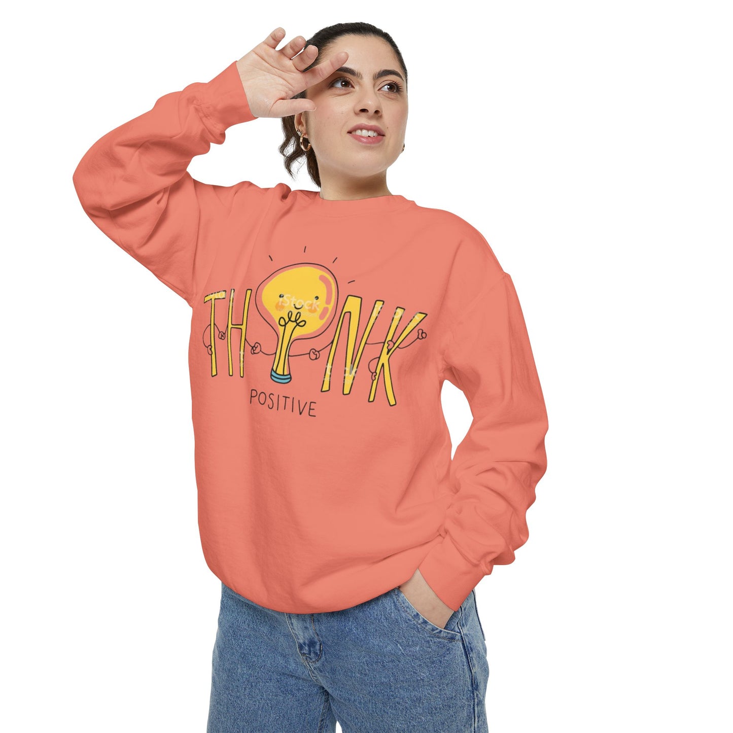 Think Positive Sweatshirt  Cute Lightbulb Graphic Positive Vibes Crewneck